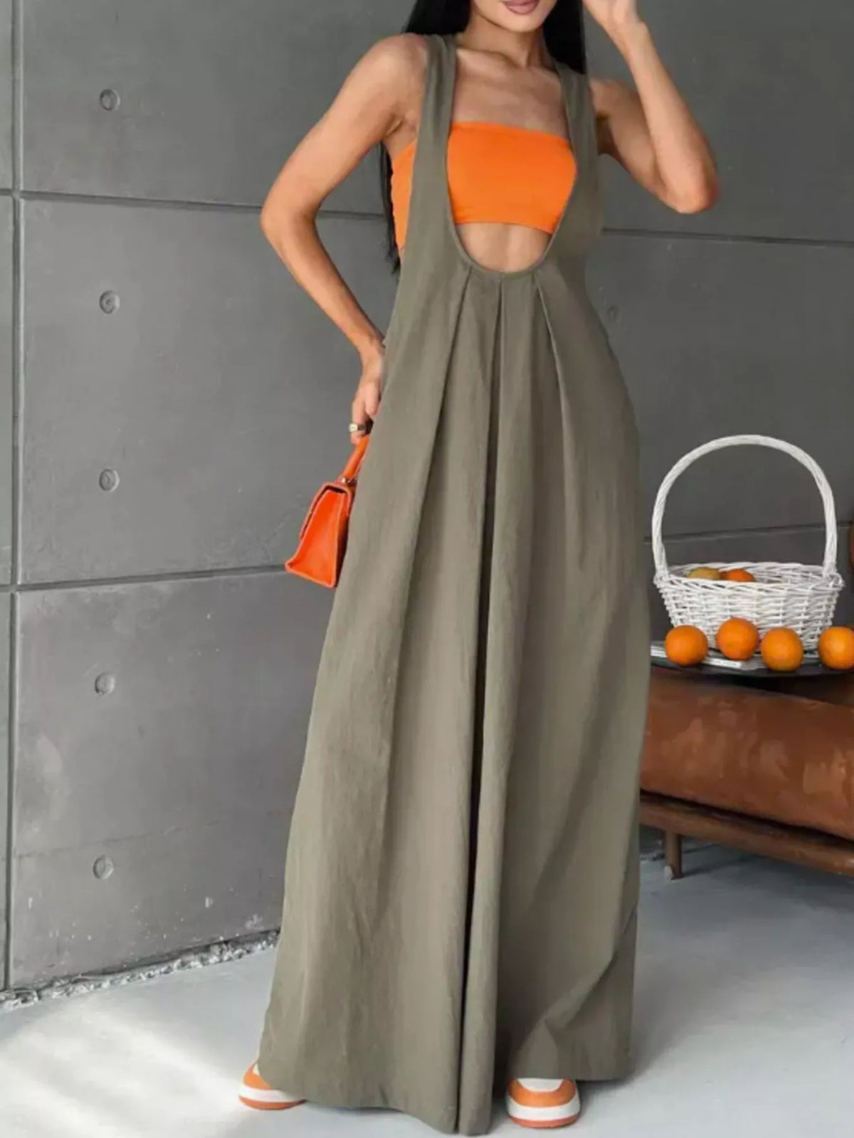 Army green pleated overall dress front view