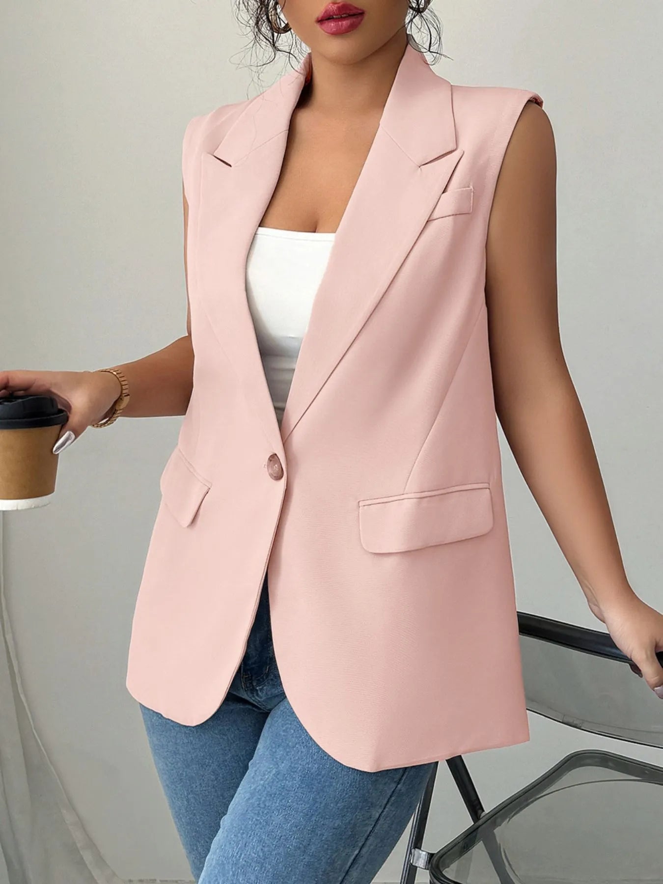 One Button Sleeveless Blazer Pale Blush - Fashorio