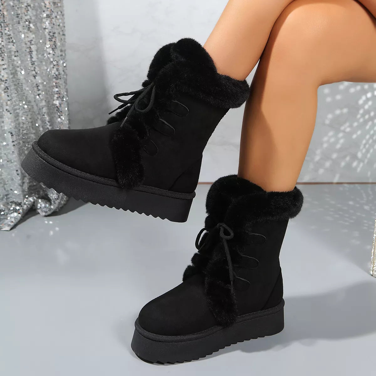 Fuzzy Trim Lace Up Platform Boots front view