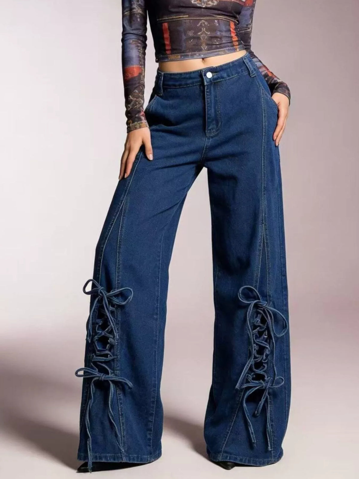 Lace up front detail on high waist denim
