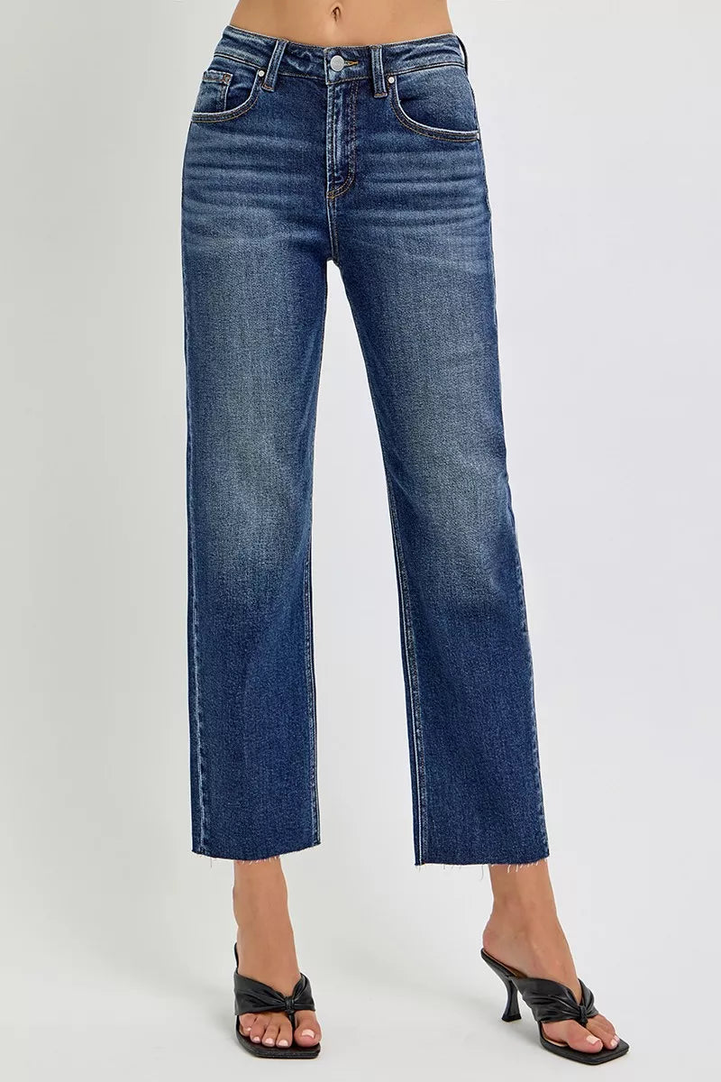 RISEN high rise slim barrel jeans front view in dark blue