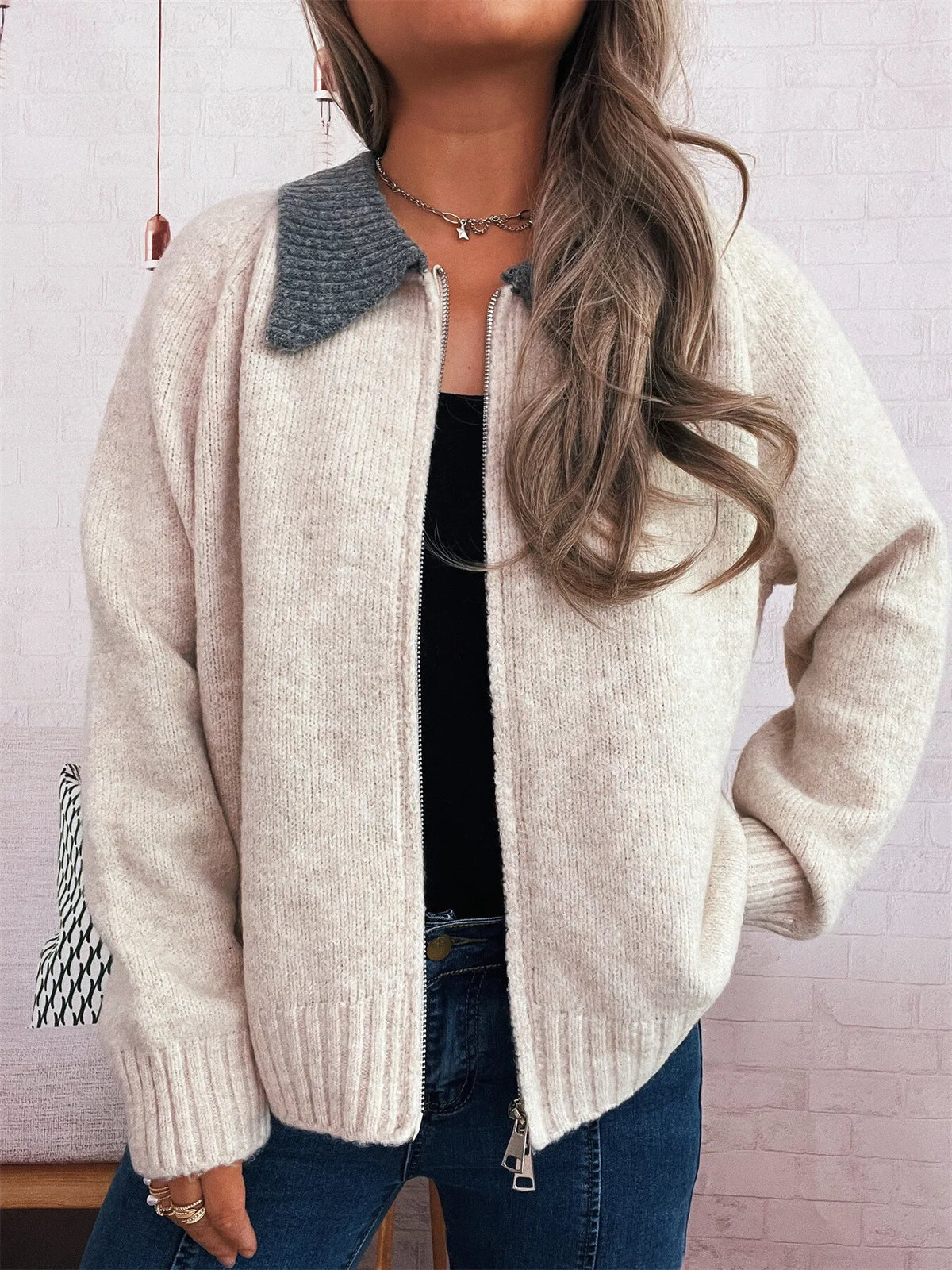 contrast collar zip up cardigan front view