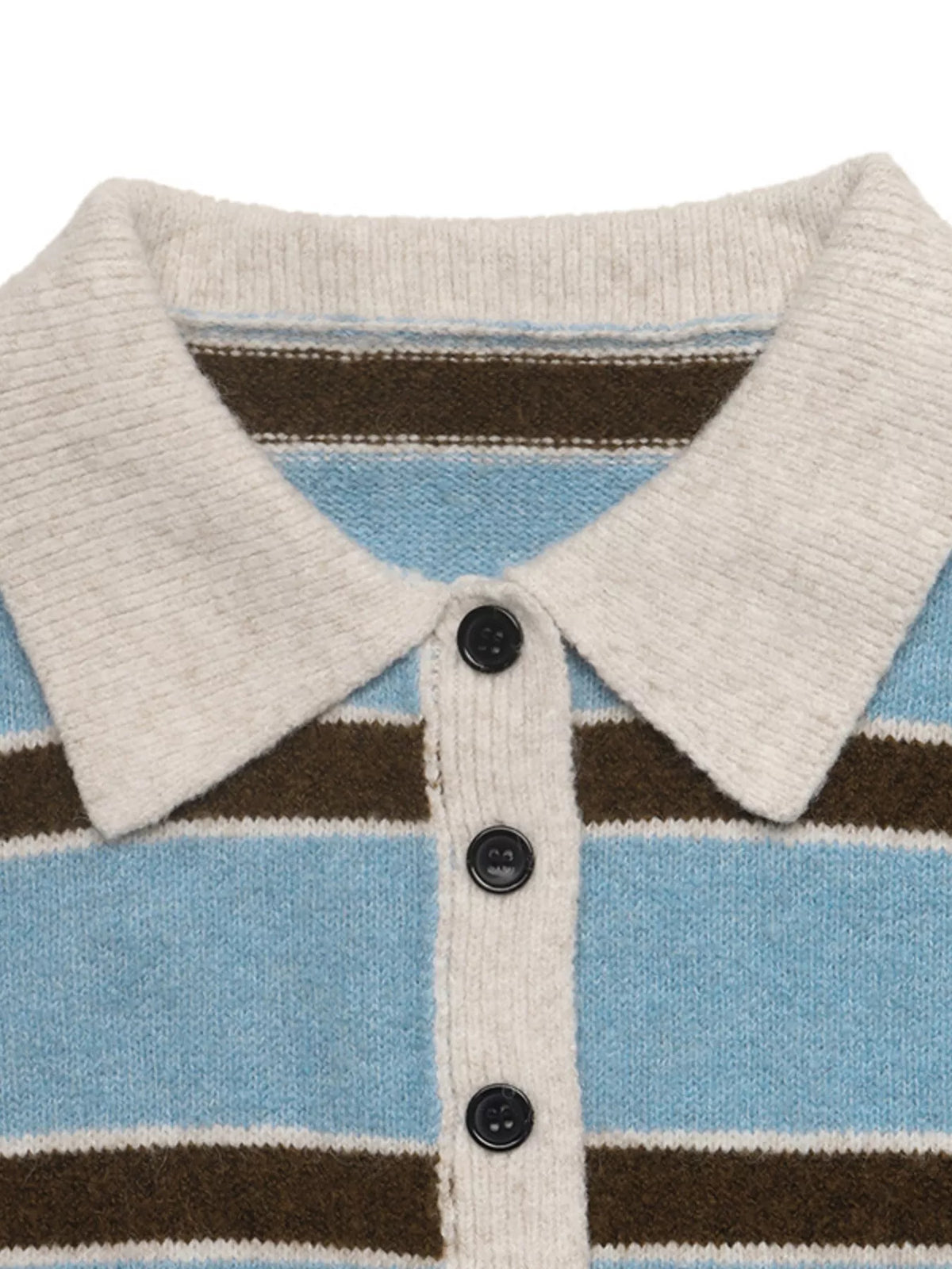 Striped Button Polo Collar Sweater in Blue close up