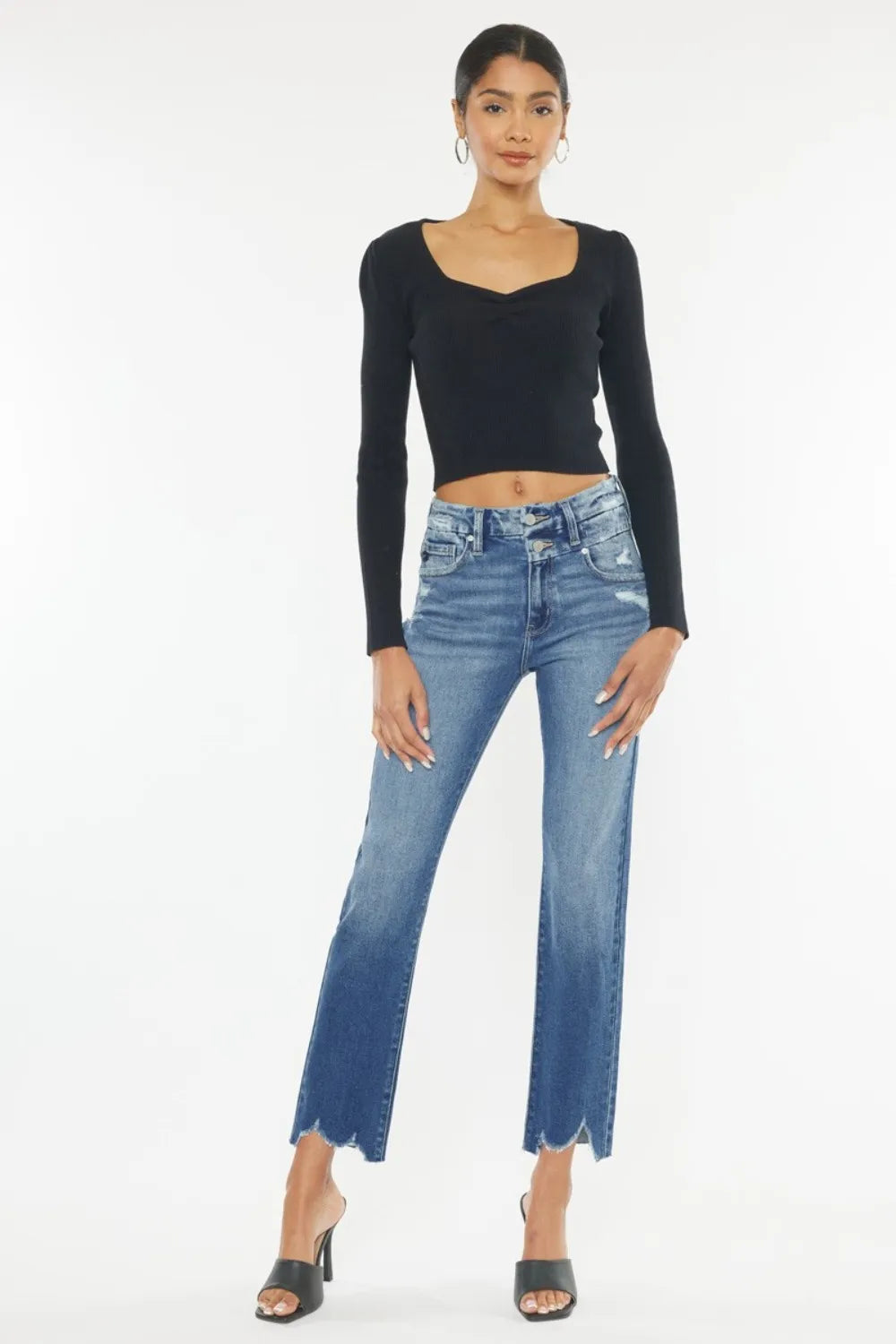 Kancan High Rise Wide Waistband Slim Straight Jeans - Fashorio