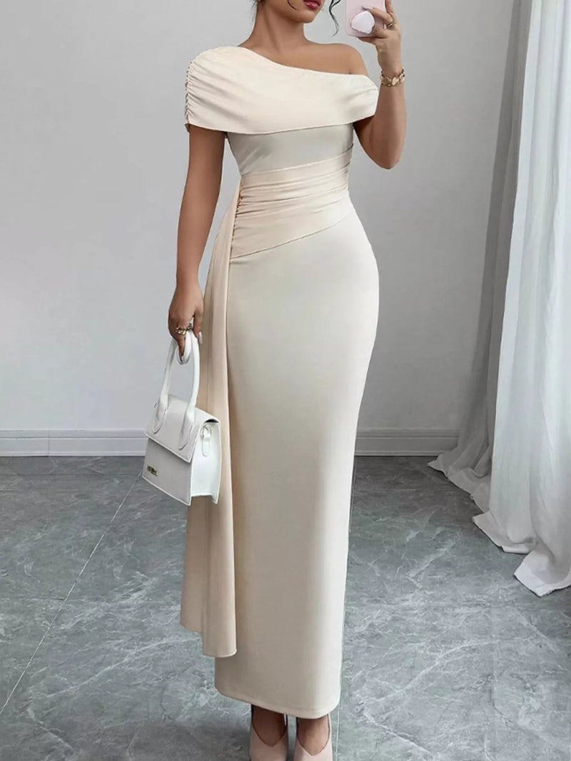 One shoulder ruched maxi dress front view