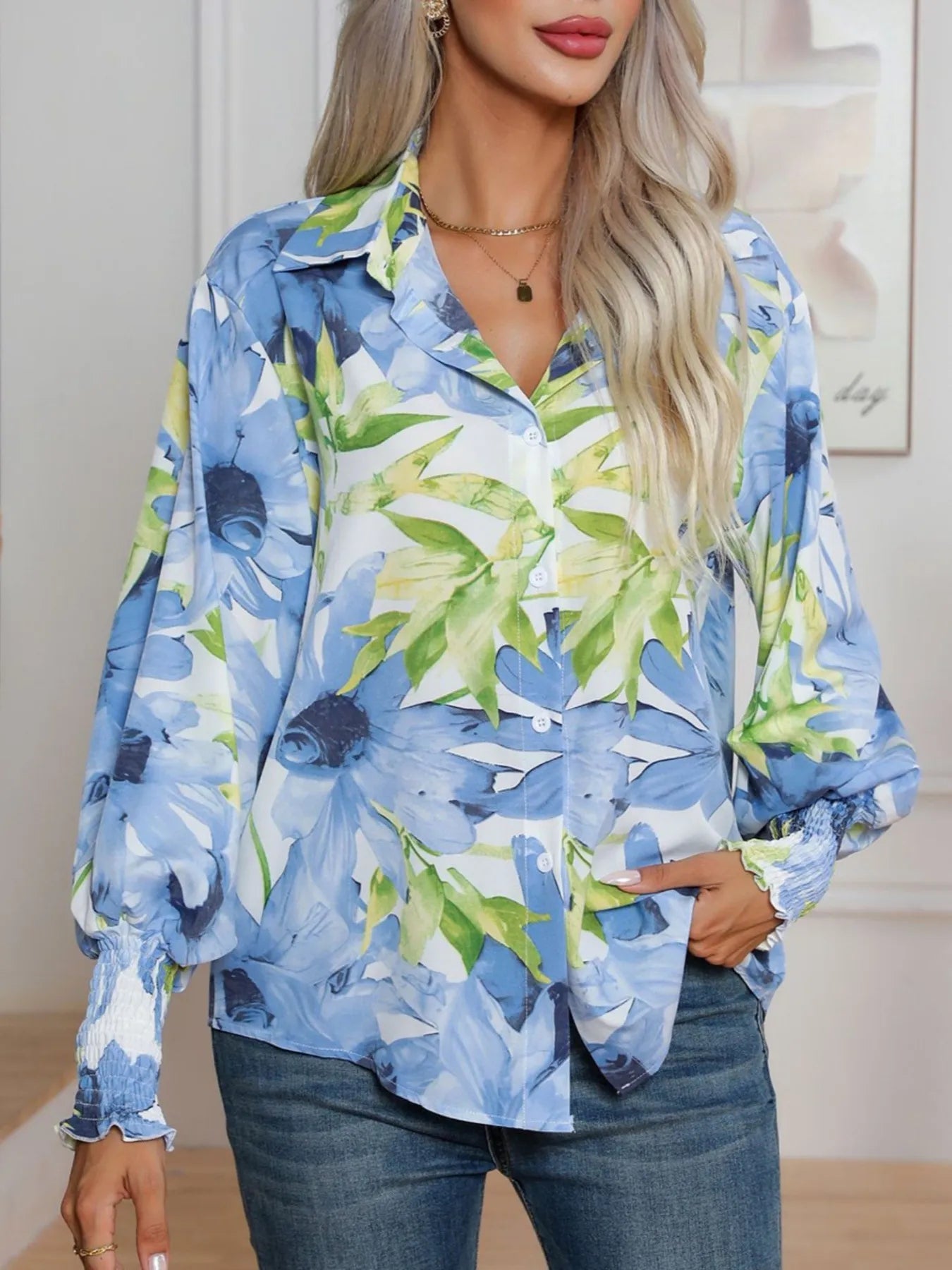 Printed Button Up Long Sleeve Shirt - Fashorio
