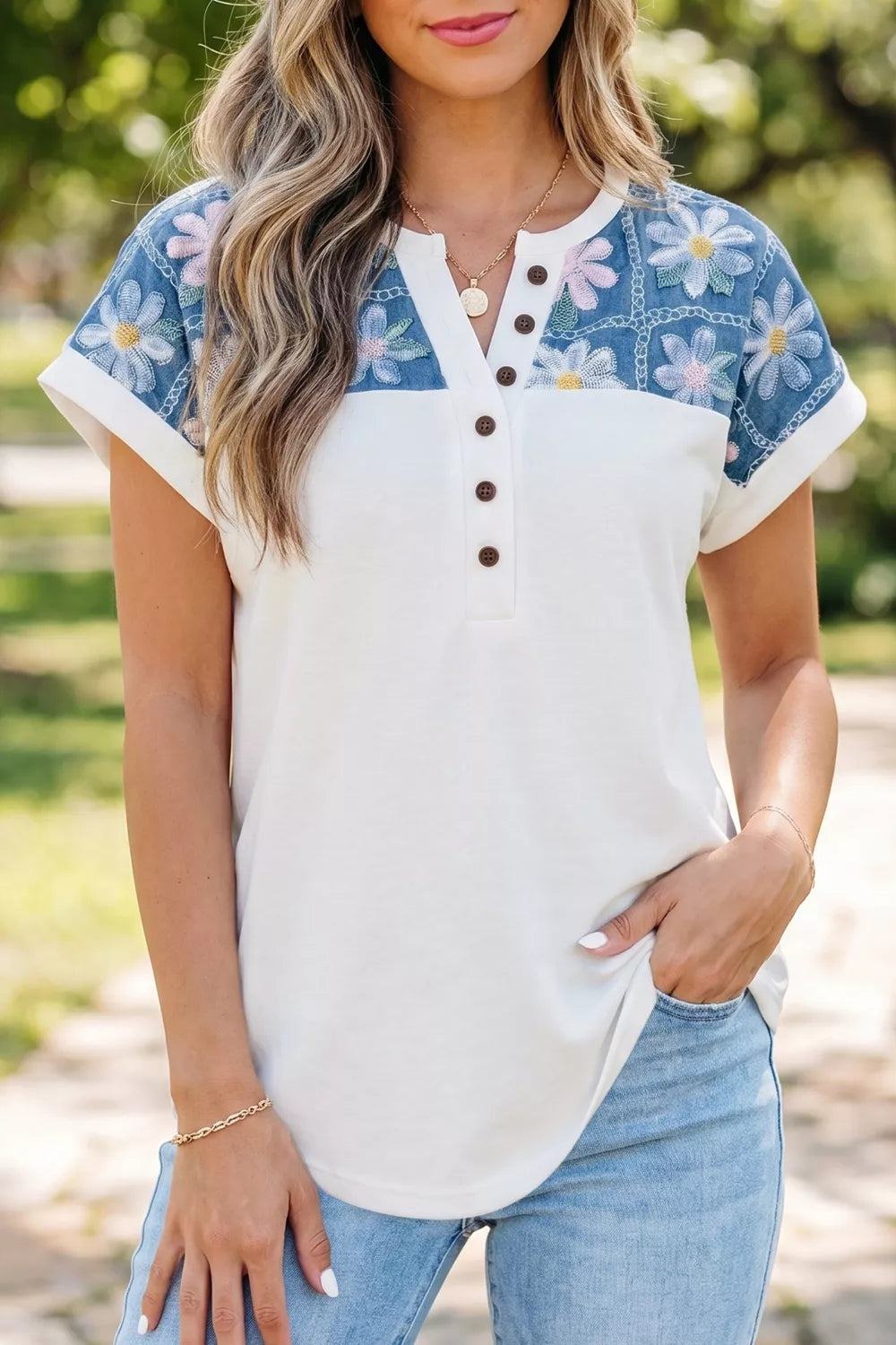 White floral short sleeve tee front view