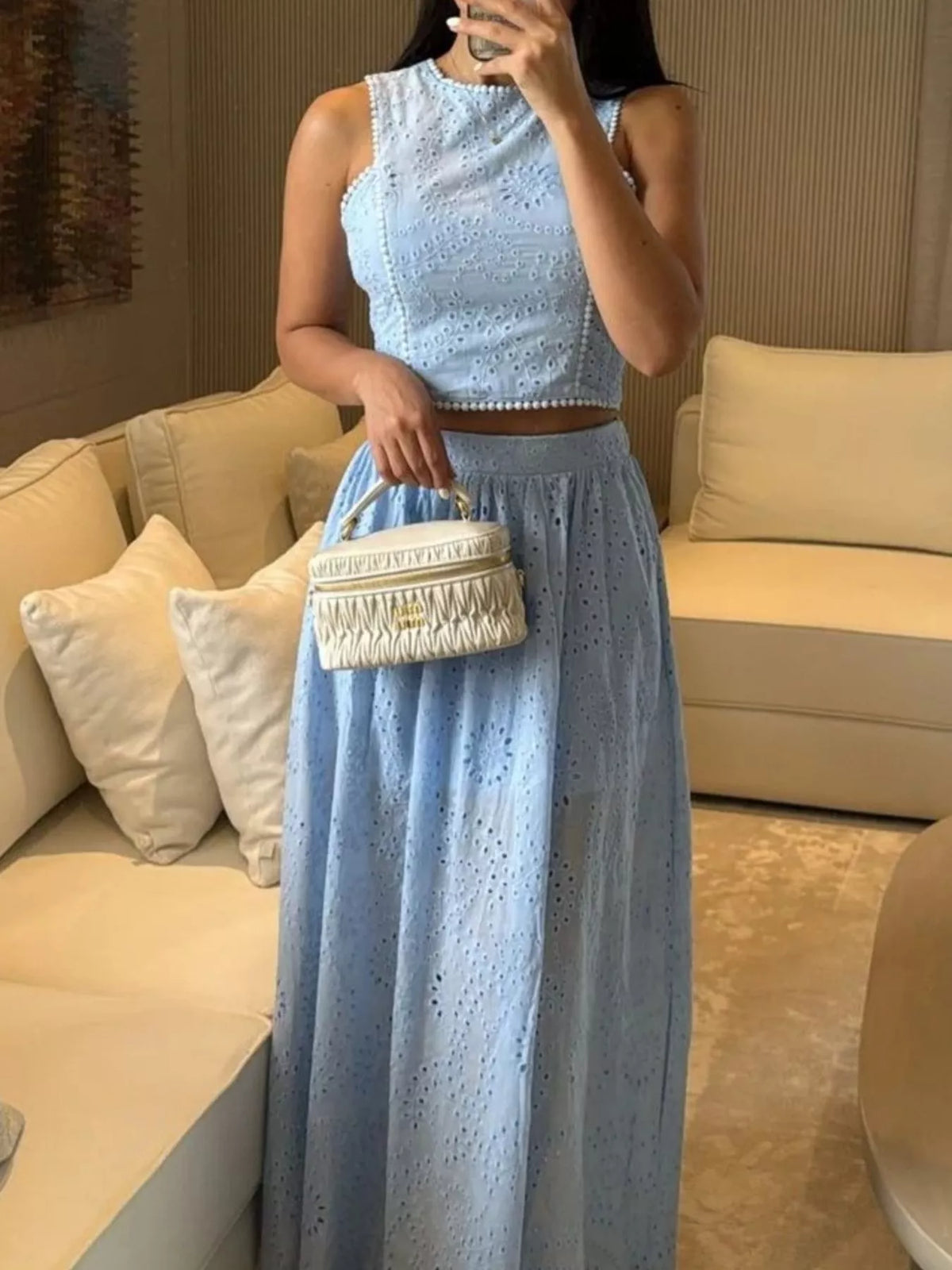 Coordinated eyelet crop top and skirt set back view