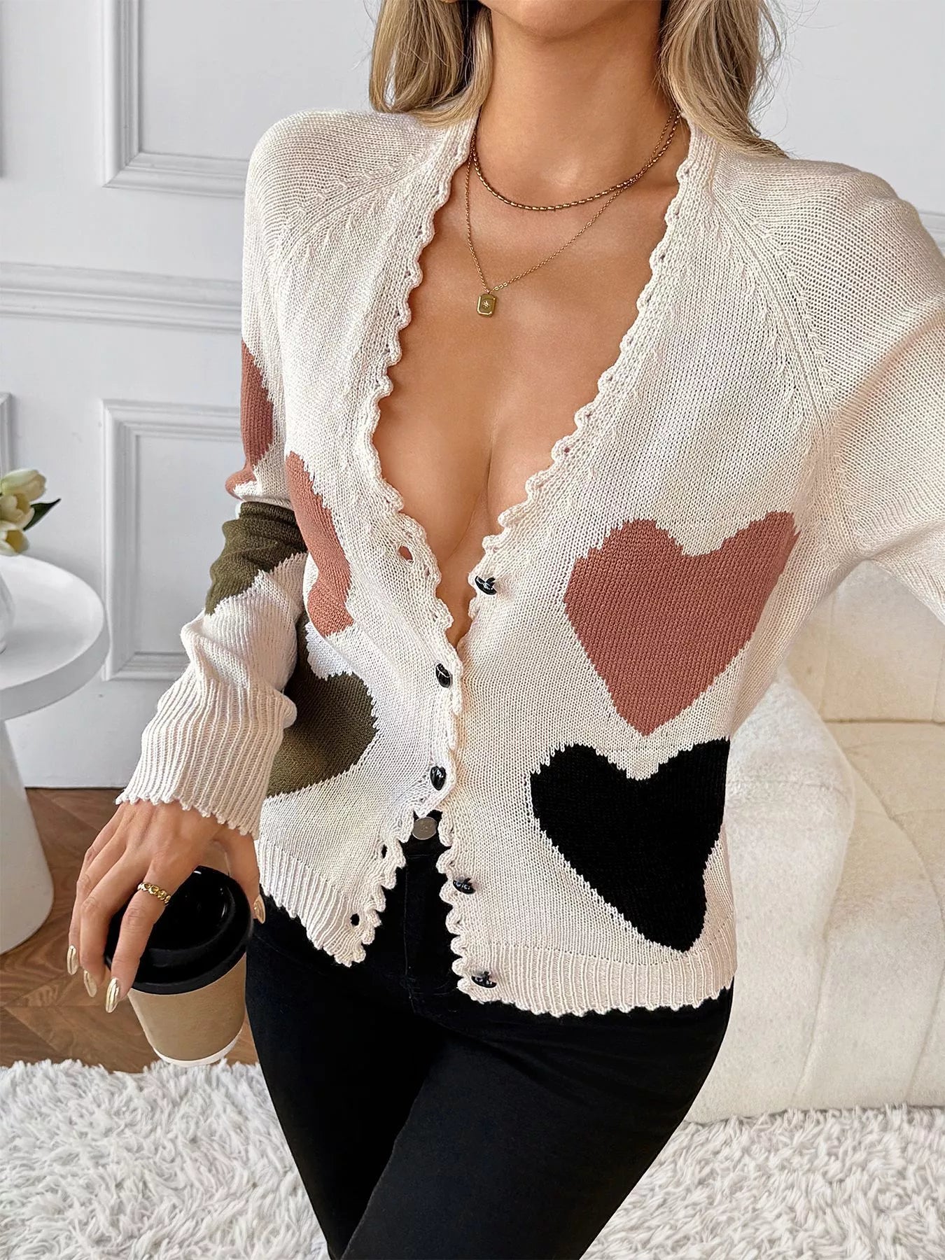 Heart Pattern Button-Up Cardigan - Fashorio