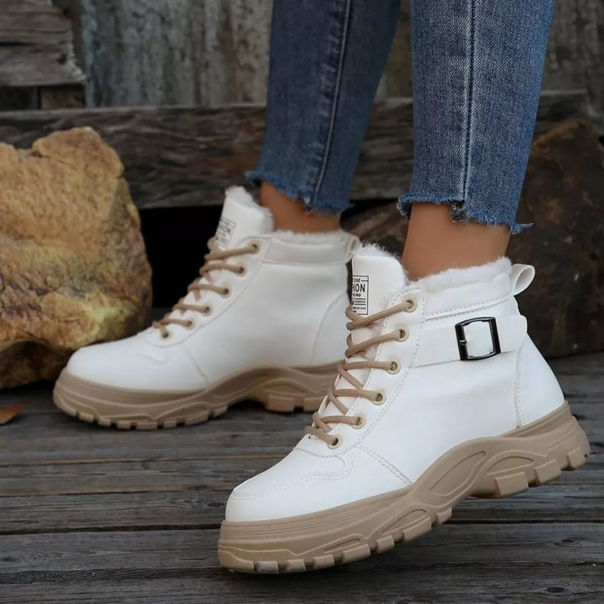 Warm lined buckle ankle boots front view
