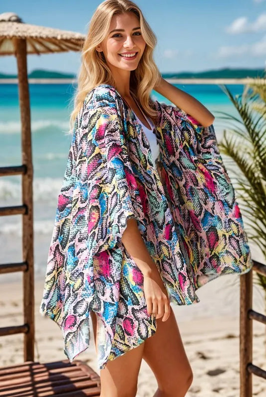 Heimish Full Size Multi Color Snake Open Cardigan Plus Size Multi - Fashorio