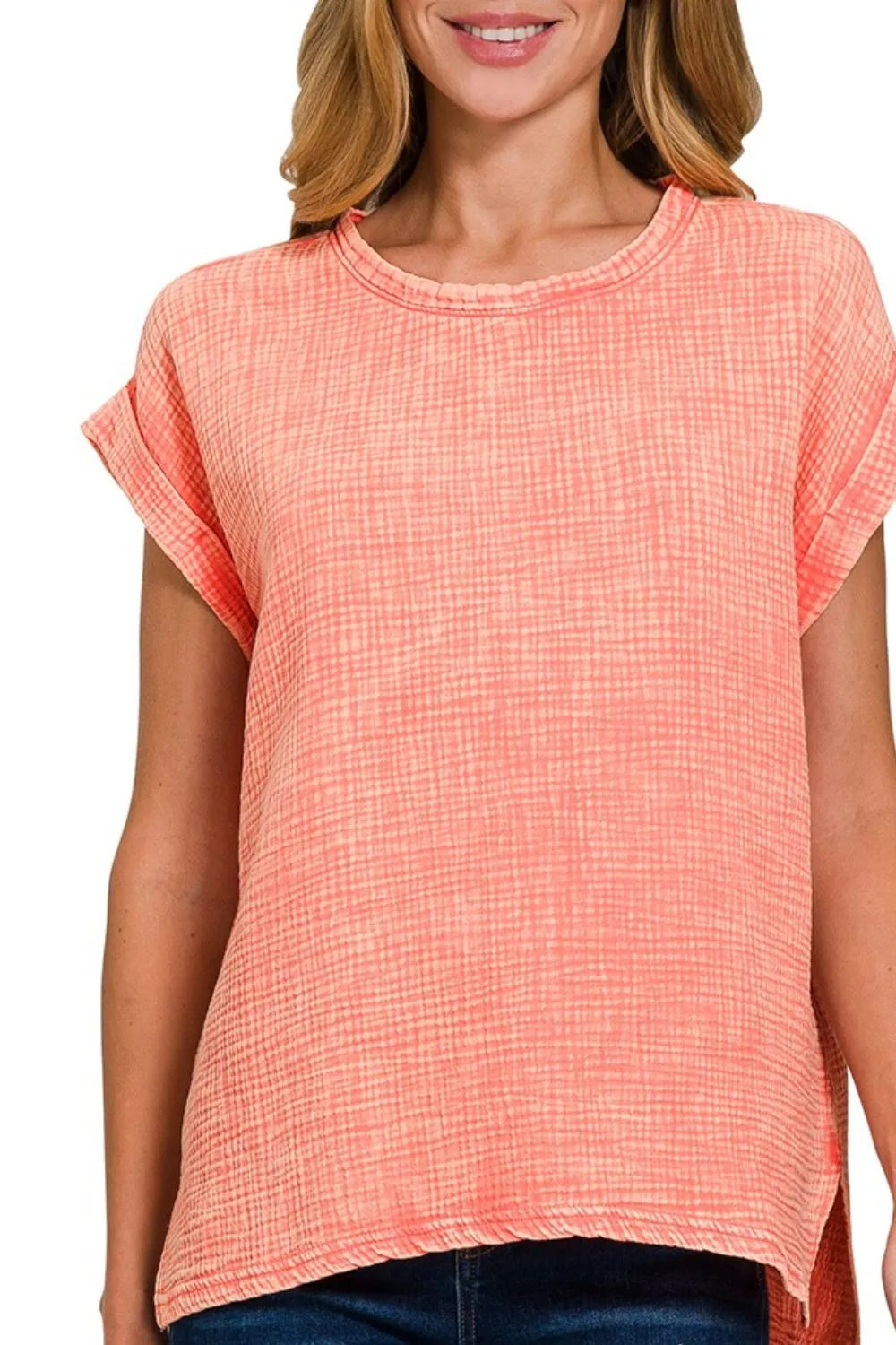 Zenana Woven Double Gauze Acid Washed Short Sleeve Top - Fashorio