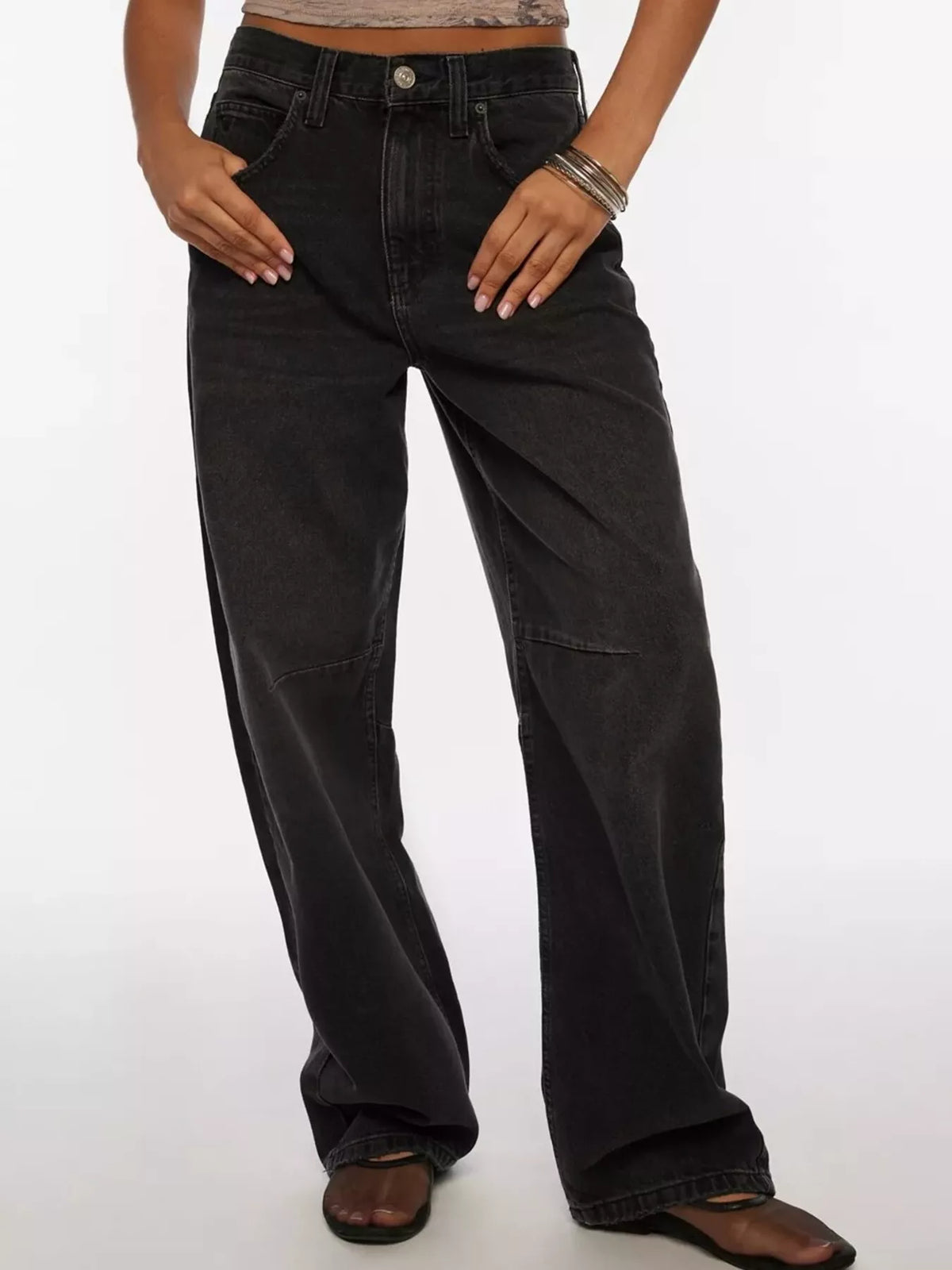 Black vintage wash wide leg jeans front view