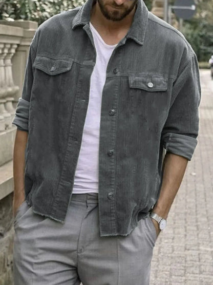 Men's Plus Size Button Up Corduroy Shacket Gray - Fashorio