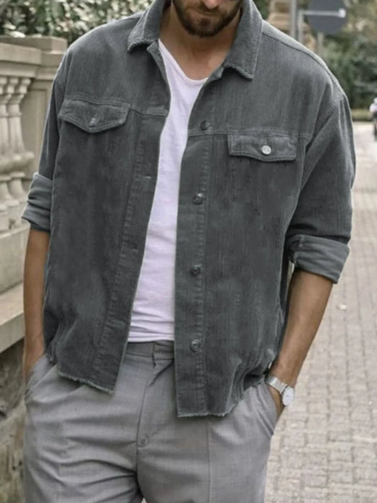 Men's Plus Size Button Up Corduroy Shacket Gray - Fashorio