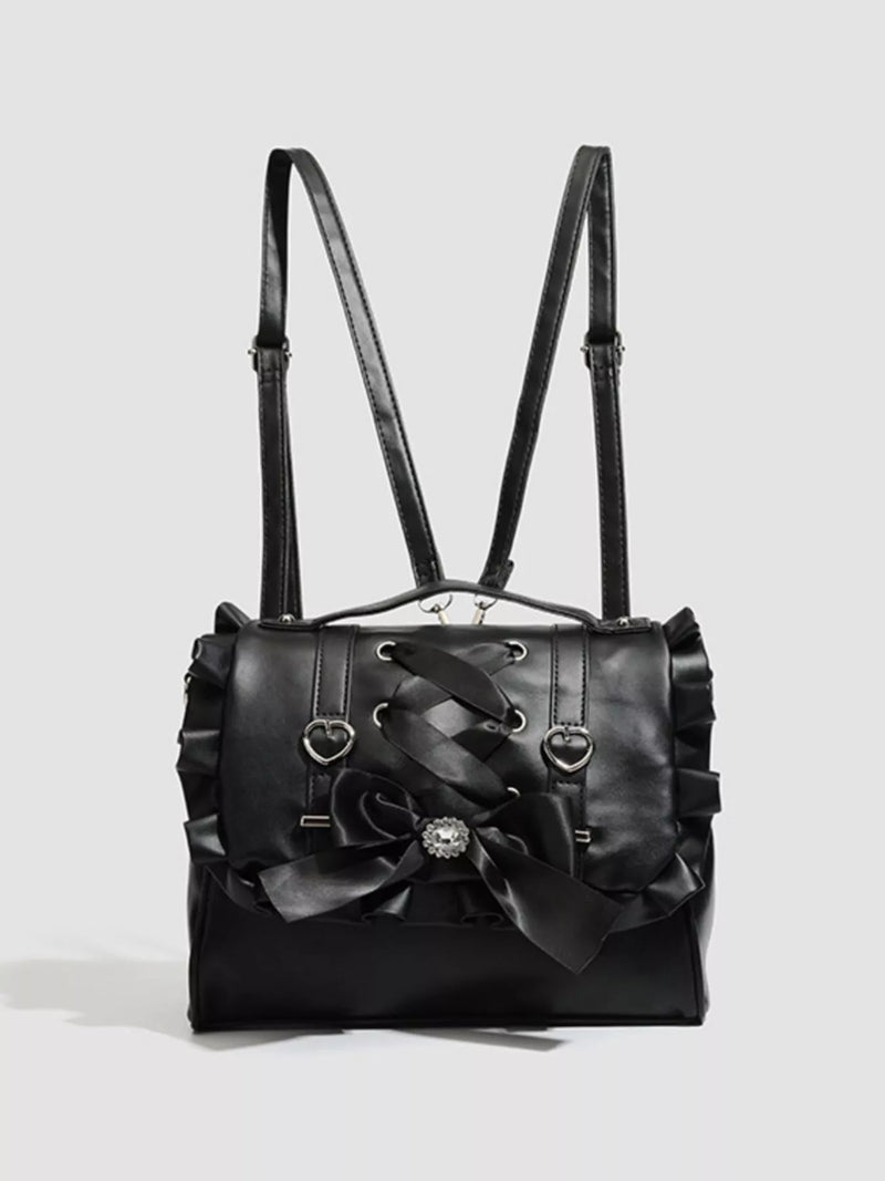 Black ruffled bow leather backpack front view
