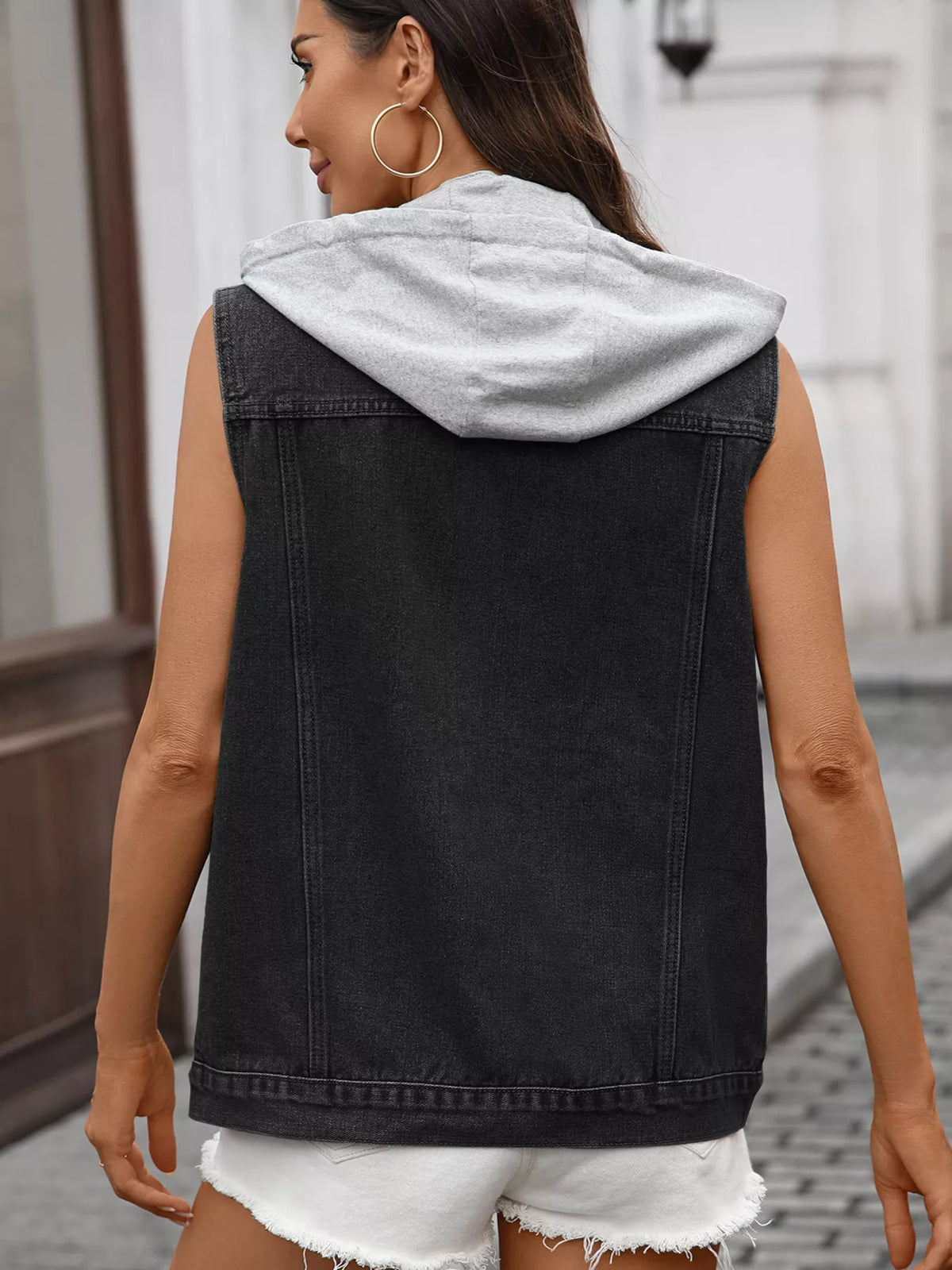 Removable Hood Sleeveless Denim Vest in Dusty Blue view 8
