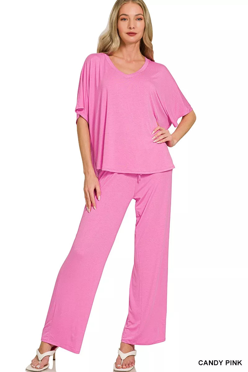 V neck oversized top and pants two piece set front view