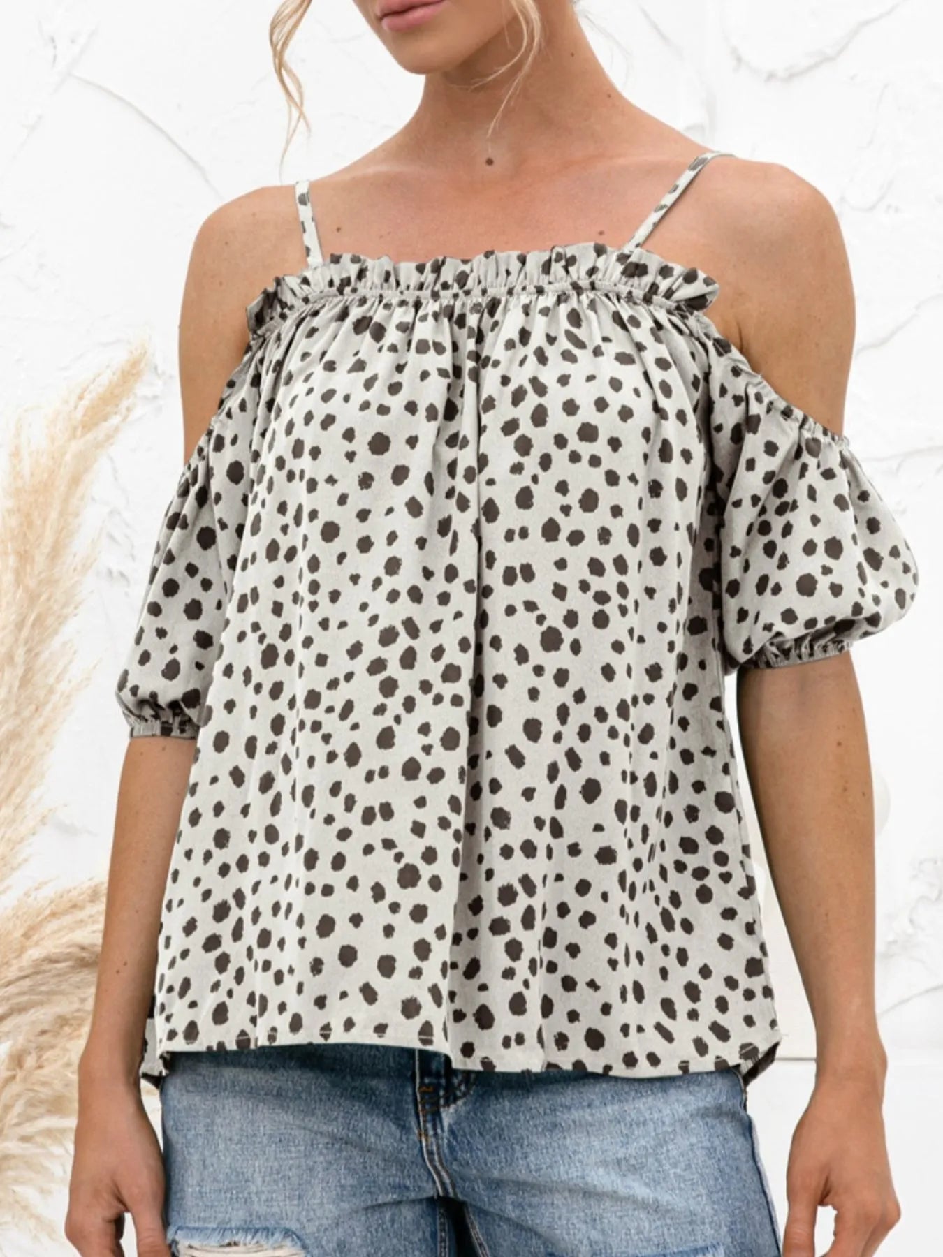 Puff Sleeve Polka Dot Ruffle Cami Top - Fashorio