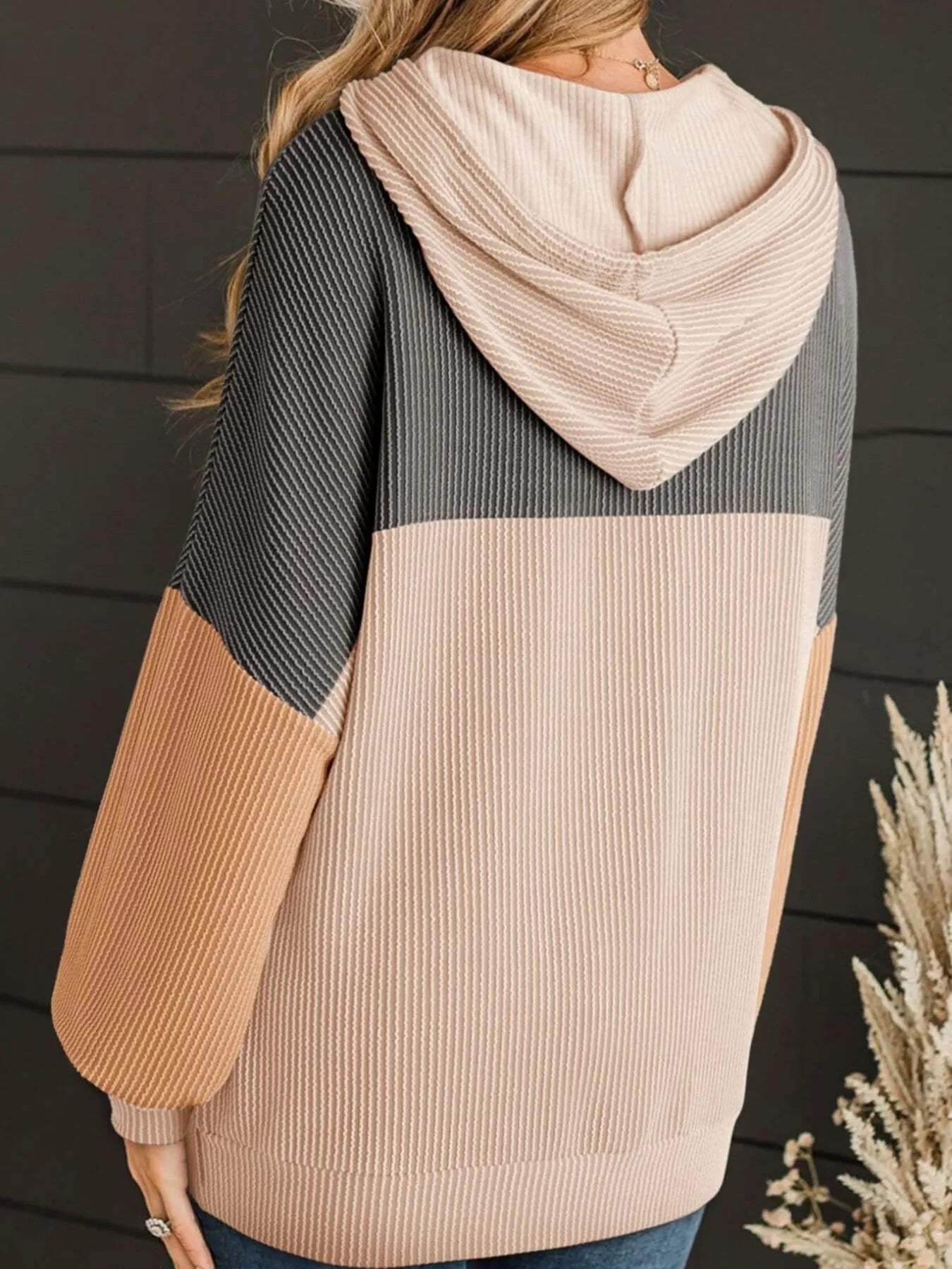 Drawstring Color Block Long Sleeve Hoodie - Fashorio