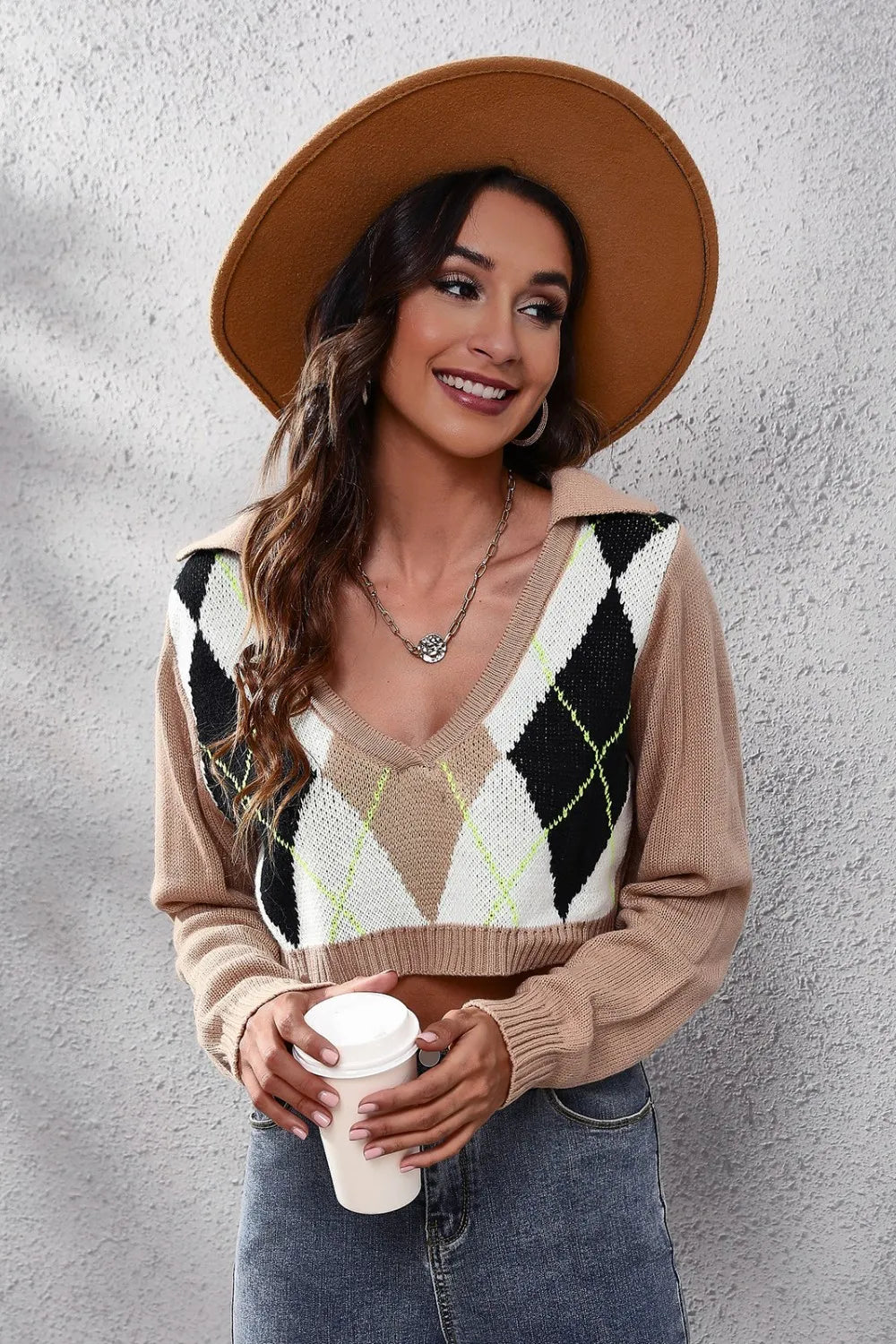 Geometric Long Sleeve Cropped Sweater - Fashorio