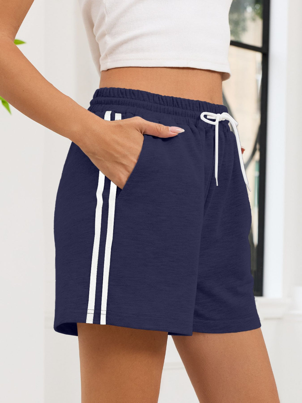 Striped trim shorts shown in a further colorway