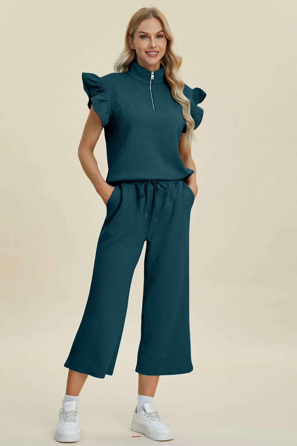 Double Take Full Size Texture Ruffle Short Sleeve Top and Wide Leg Pants Set Deep Teal - Fashorio