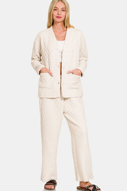Zenana Quilted Button Up Long Sleeve Top and Pants Lounge Set Beige - Fashorio
