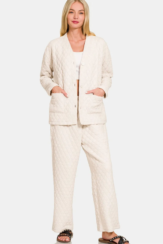 Zenana Quilted Button Up Long Sleeve Top and Pants Lounge Set Beige - Fashorio