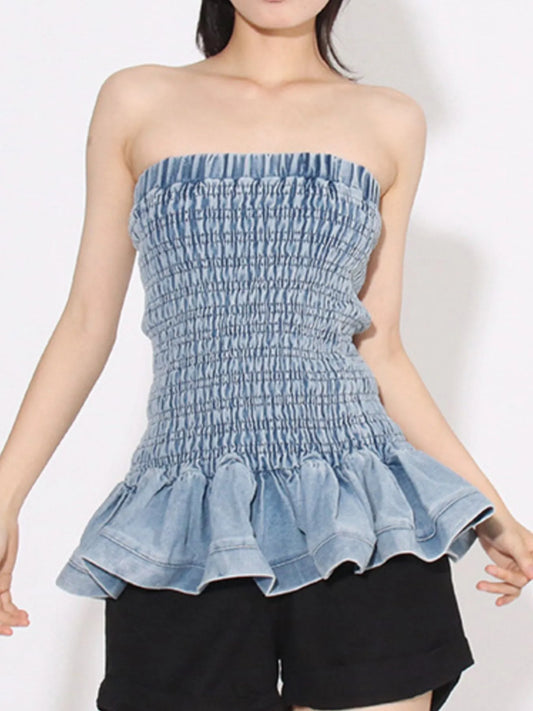 Smocked Ruffled Hem Denim Tube Top - Fashorio