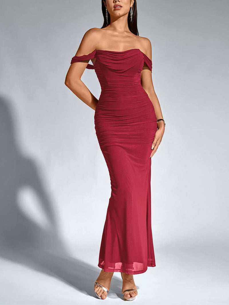 Off shoulder ruched mermaid maxi dress in burgundy, front view