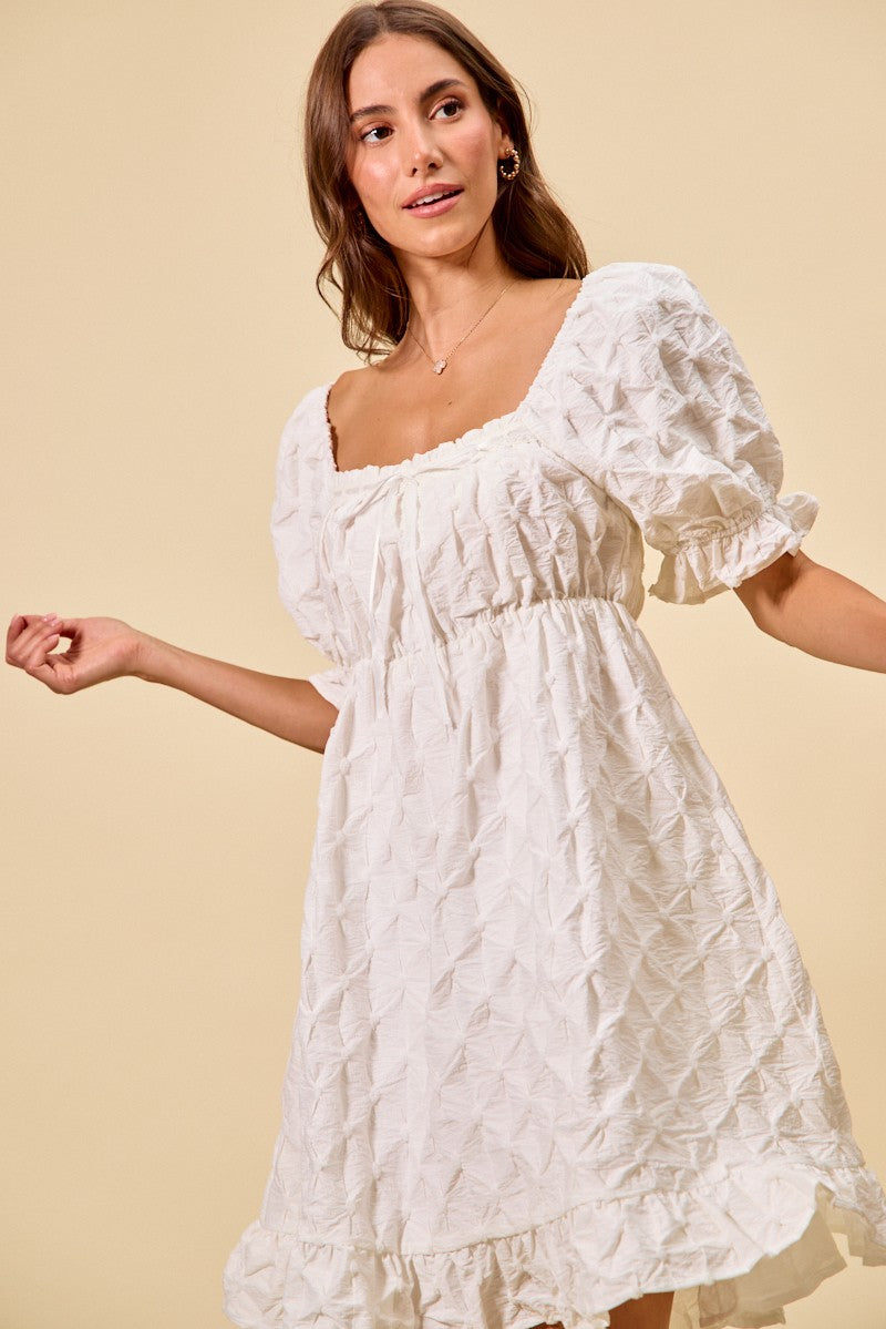 Textured Ruched Bust Mini Dress in Off White view 7