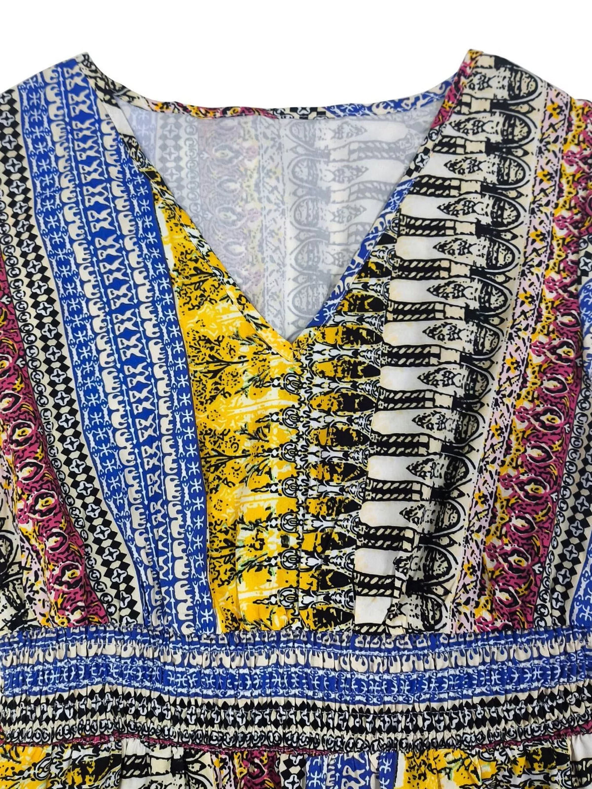 Boho print ruffle sleeve slit dress detail of the fabric