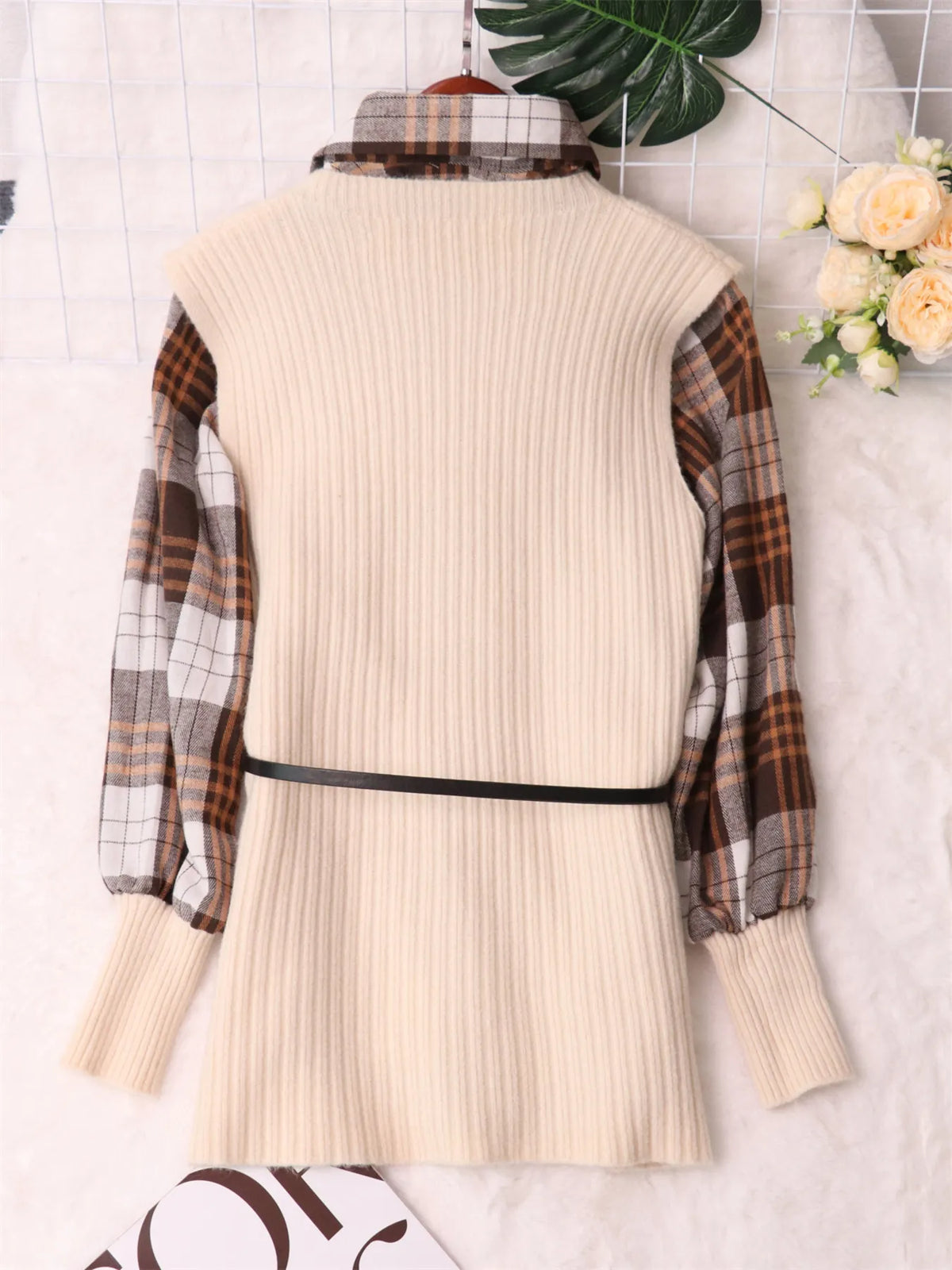 Plaid Belted Long Sleeve Sweater Dress back view