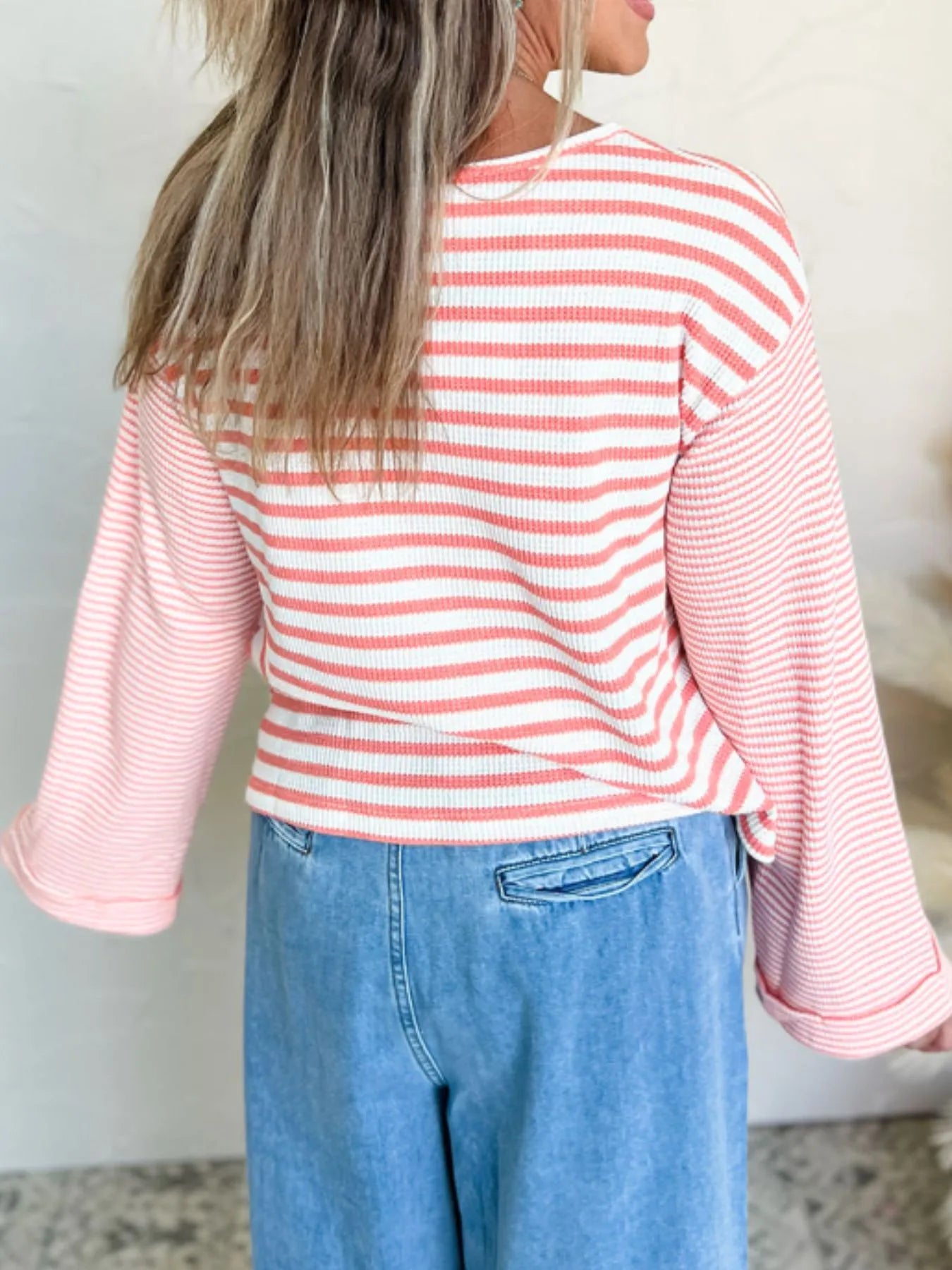 Striped Long Sleeve Ribbed Blouse - Fashorio