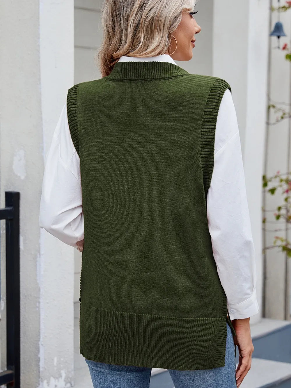 buttoned round neck sweater vest outfit styling