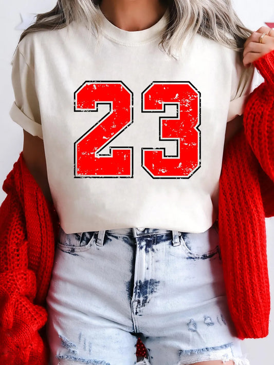 Number 23 Round Neck Casual T Shirt White - Fashorio