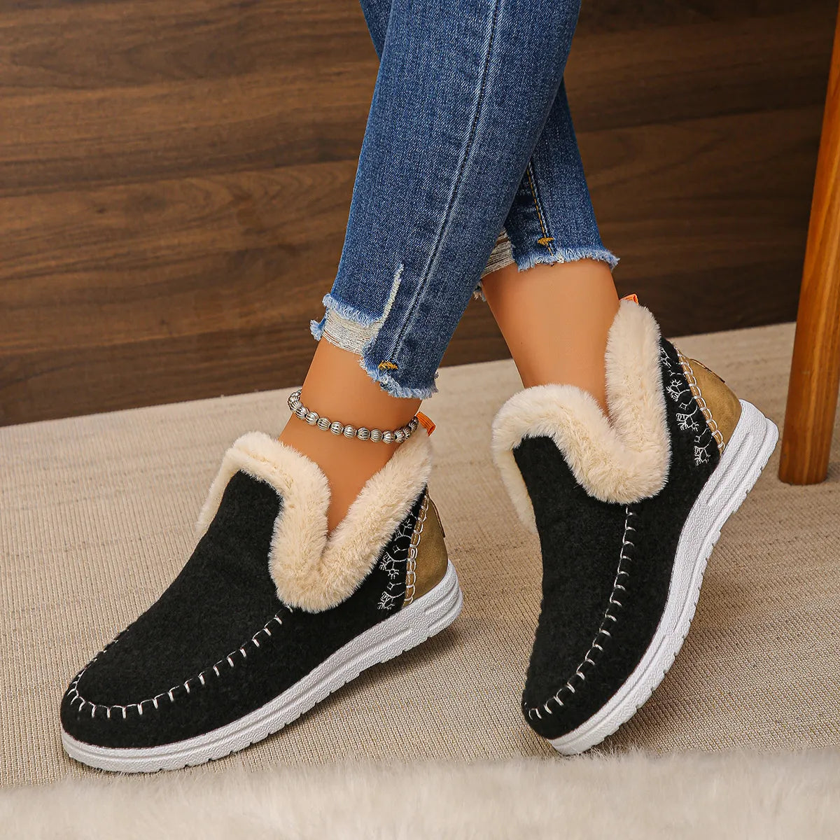 Fleece lined round toe ankle boots heel and sole detail