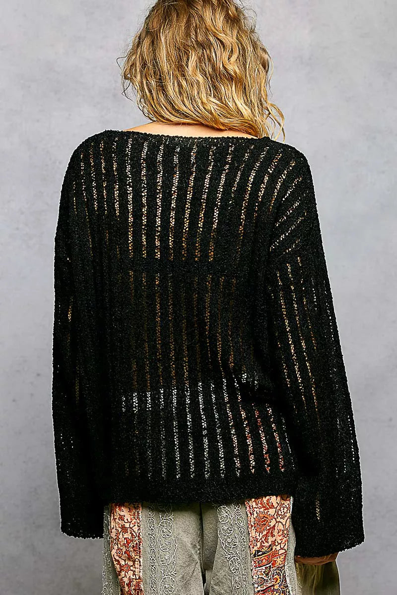 Open weave sweater styled with jeans