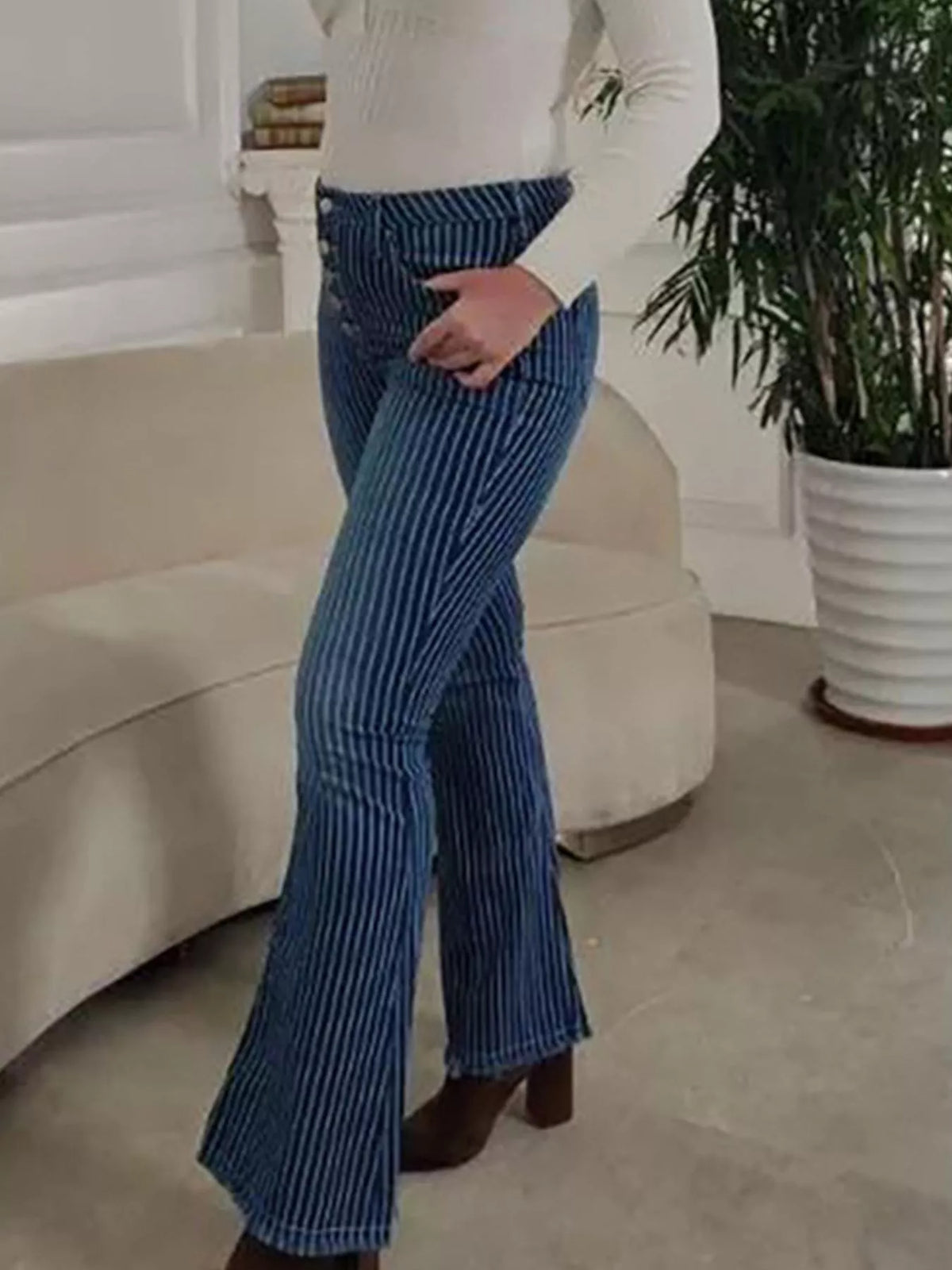 Blue striped flare jeans styling
