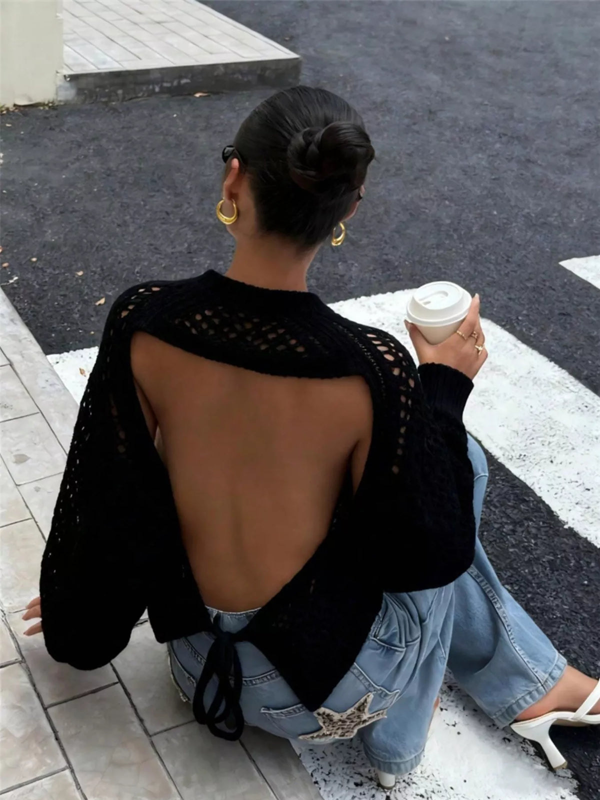 Crochet Openwork Backless Raglan Sleeve Sweater view 7