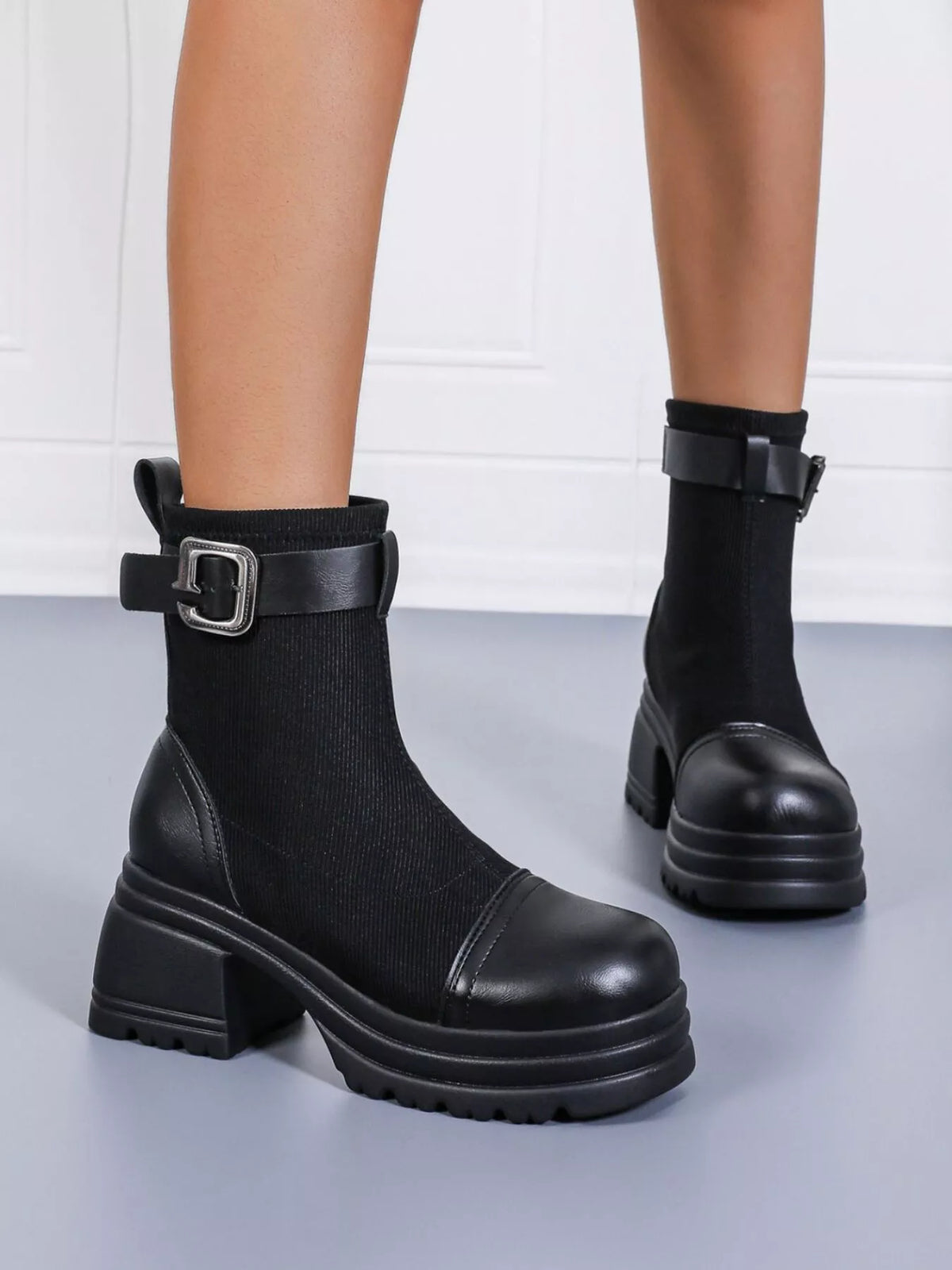 Canvas round toe block heel boots side profile