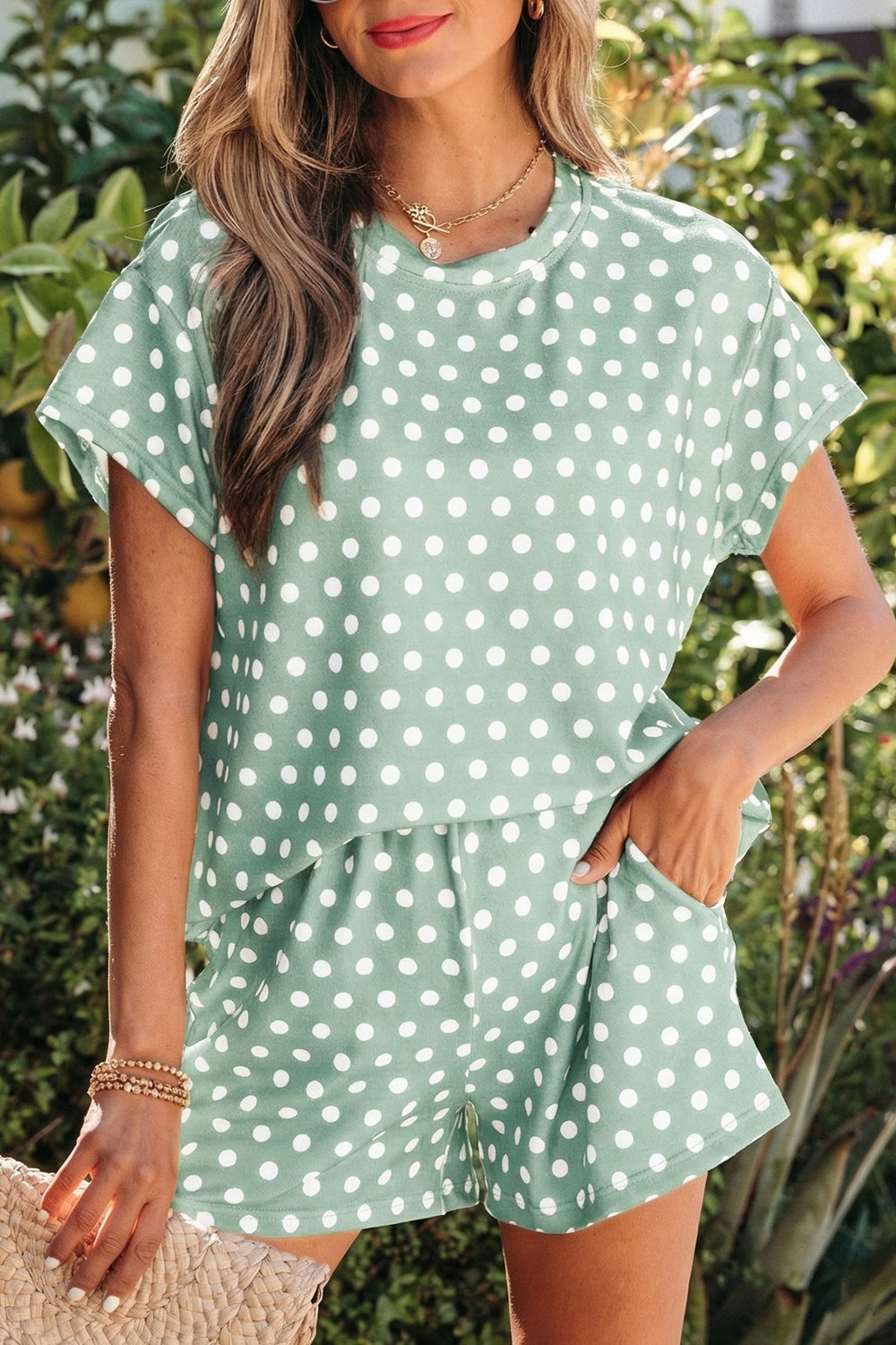 Polka dot print tee and shorts set front view