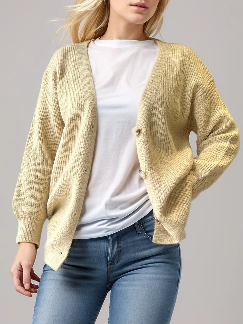 Button Down V-Neck Long Sleeve Cardigan Pastel Yellow - Fashorio