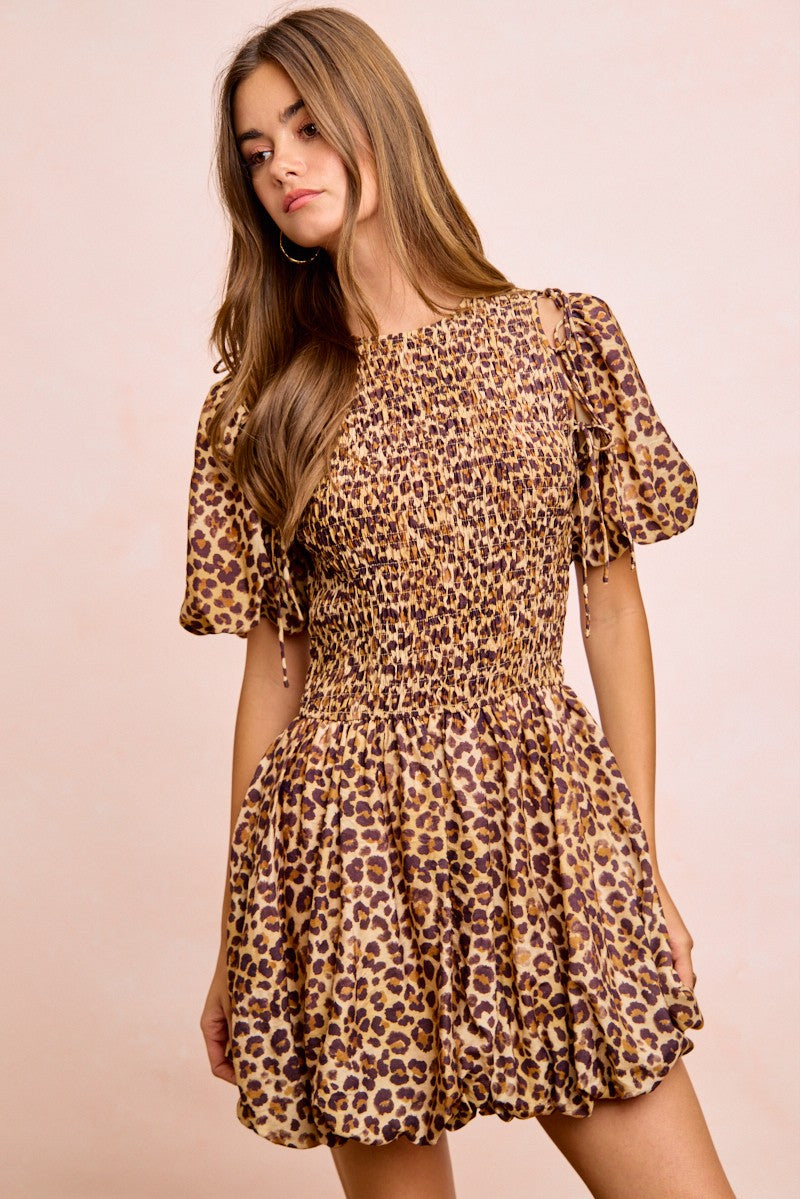 Leopard Bow Tie Attachable Puff Sleeves Dress view 14