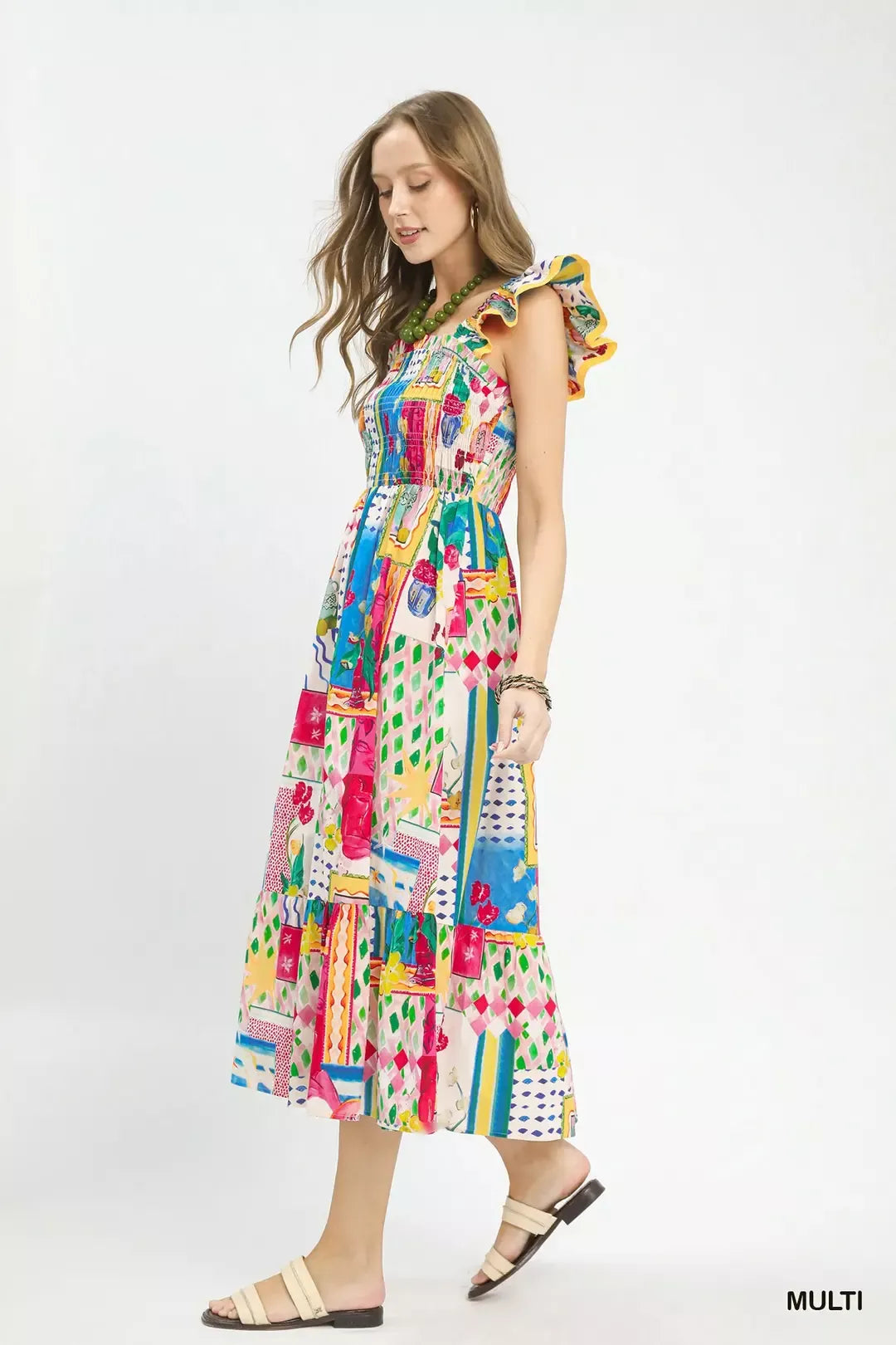 Abstract Print Smocked Ruffle Sleeve Tiered Midi Dress side view