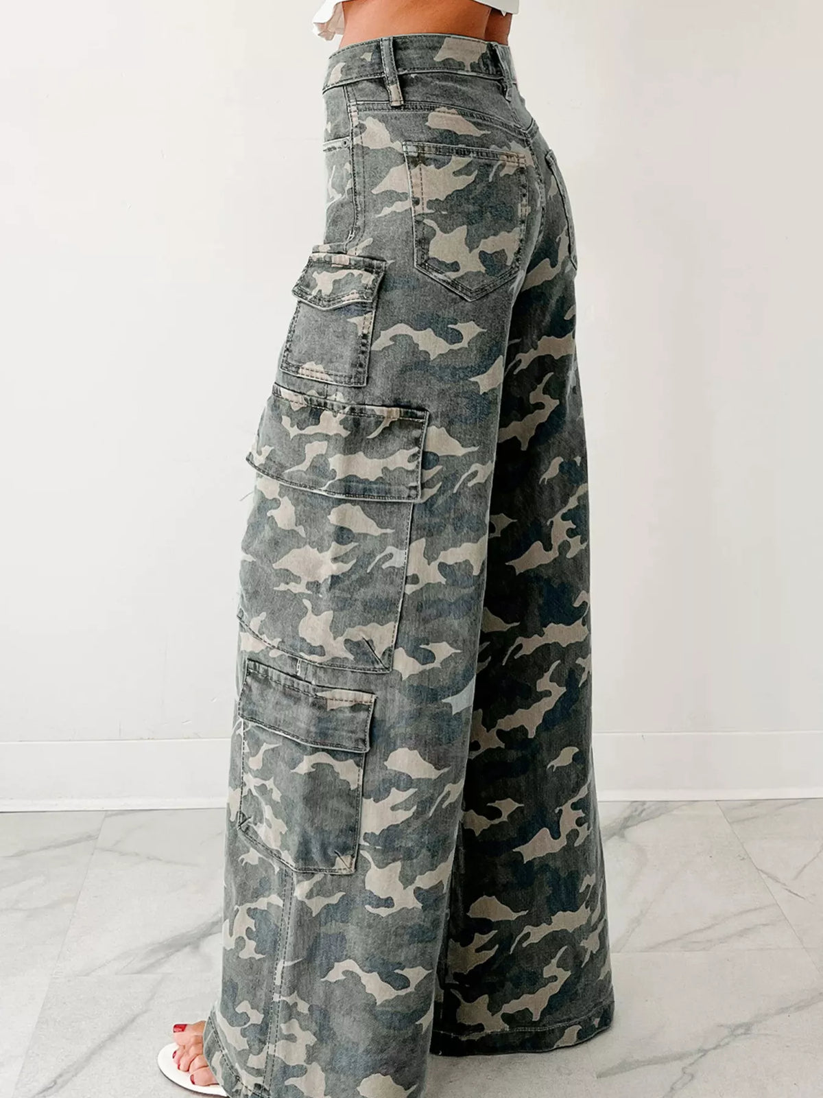 Camo wide leg cargo denim side view