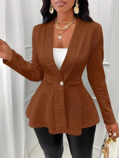 One Button Textured Peplum Cardigan Dark Brown - Fashorio