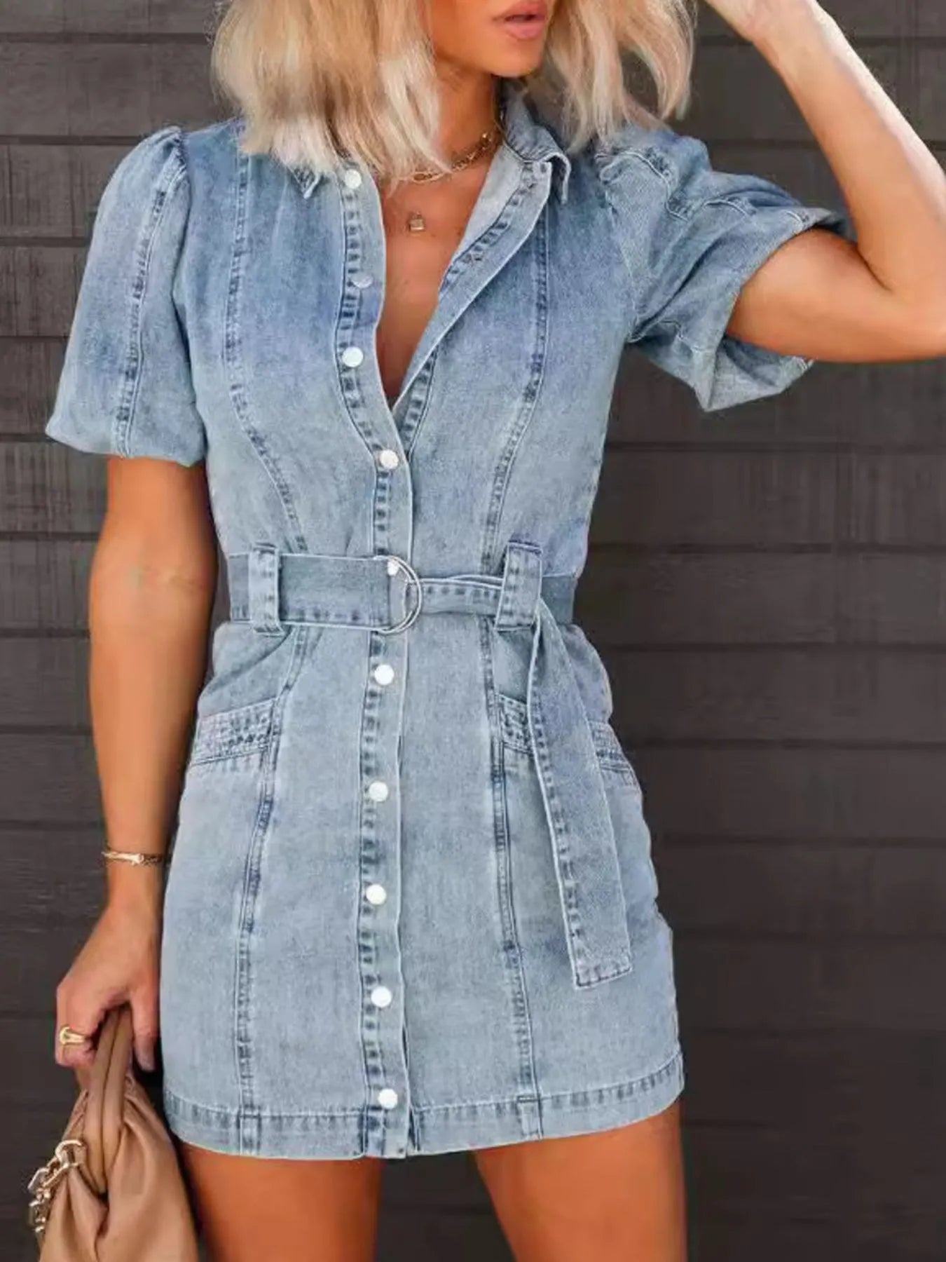 Button-Up Puff Sleeve Denim Shirt Dress - Fashorio