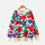Floral Round Neck Drop Shoulder Sweater White - Fashorio